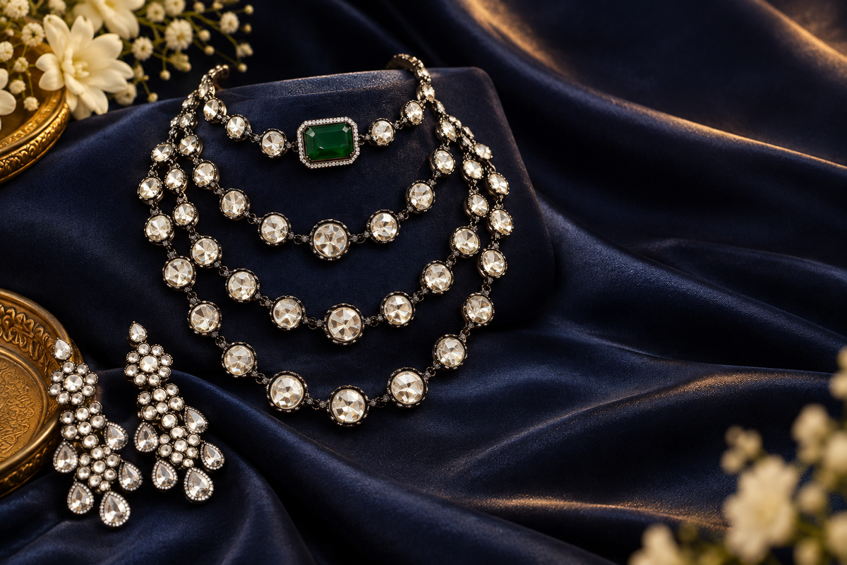 Isha Ambani inspired emerald kundan polki choker and long haar set