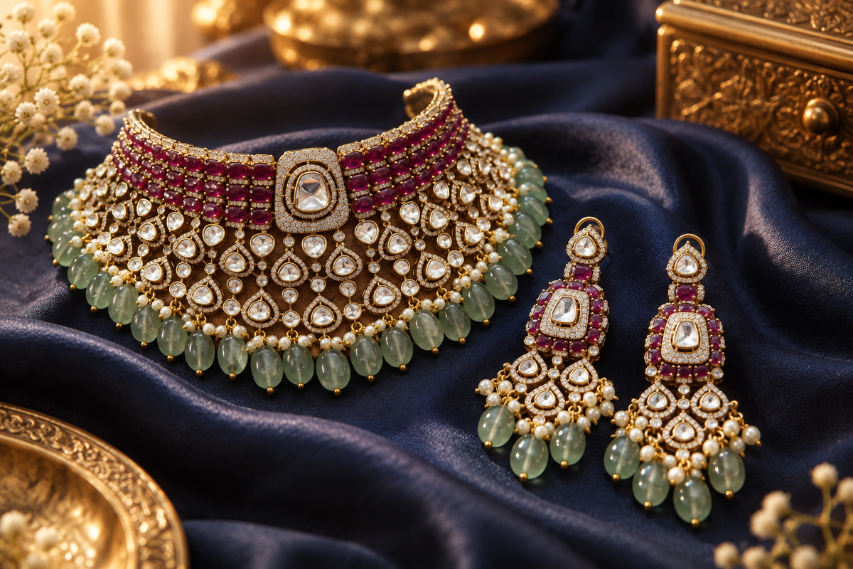 Ruby and mint kundan bridal choker set under ₹5,000 on navy silk