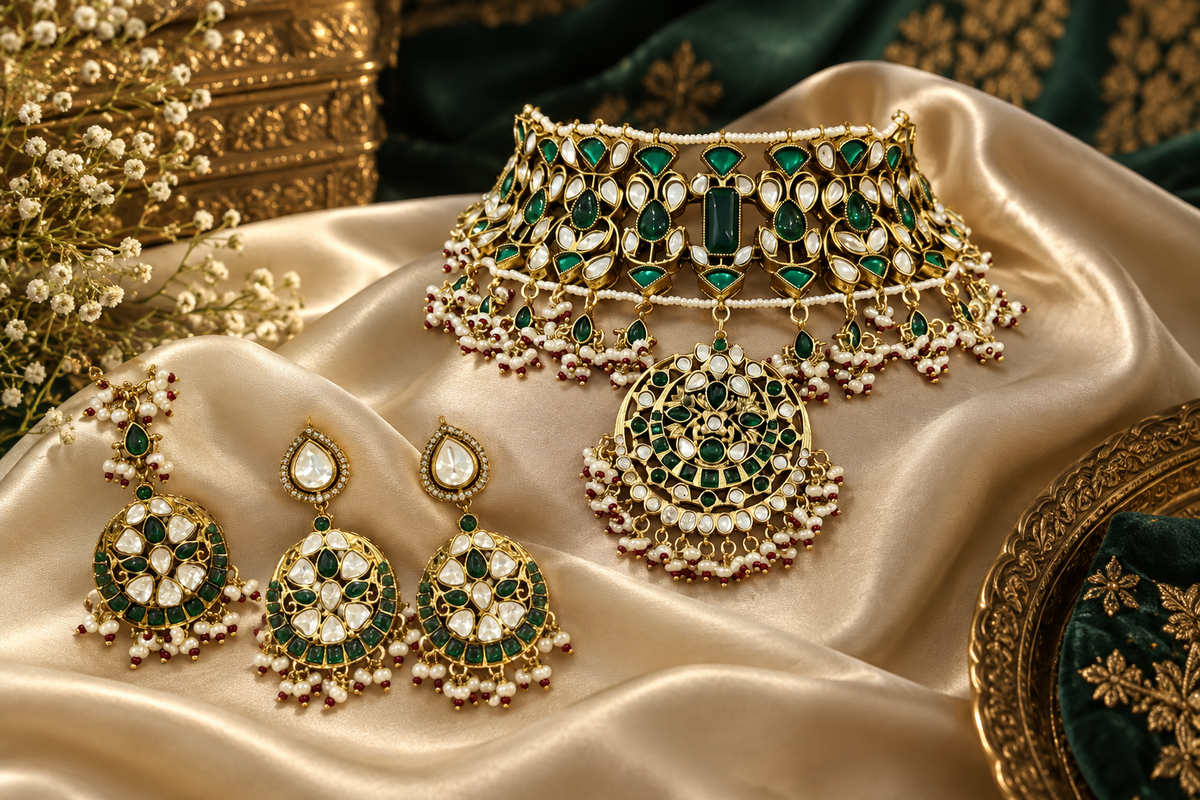 Sara Tendulkar wearing Stately Emerald kundan polki choker haar set