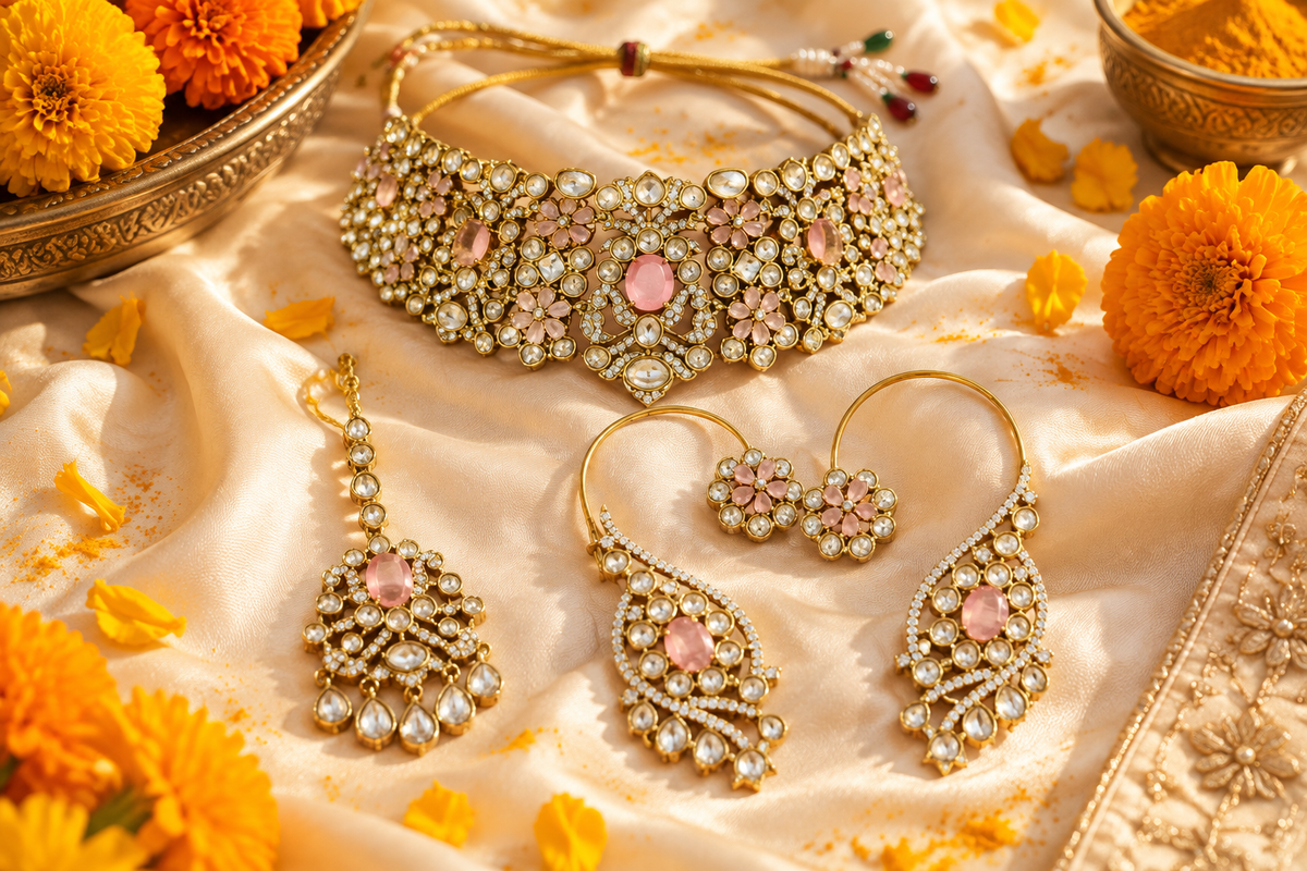 Pastel kundan bridal choker with marigold flowers for haldi and mehendi