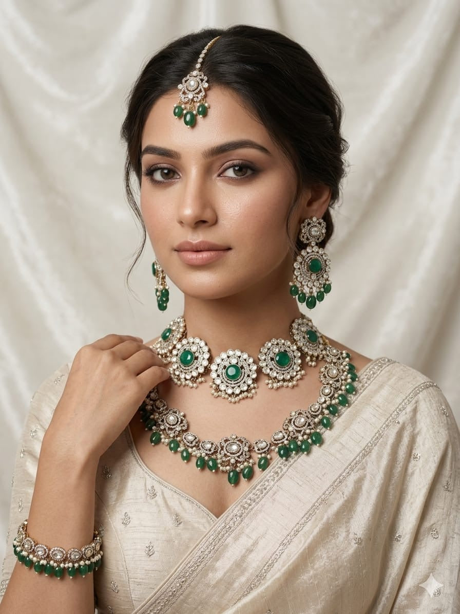 Emerald green Kundan Polki bridal choker set with matching earrings and maang tikka - jewel-toned Indian bridal jewellery for mehendi, sangeet and reception ceremonies