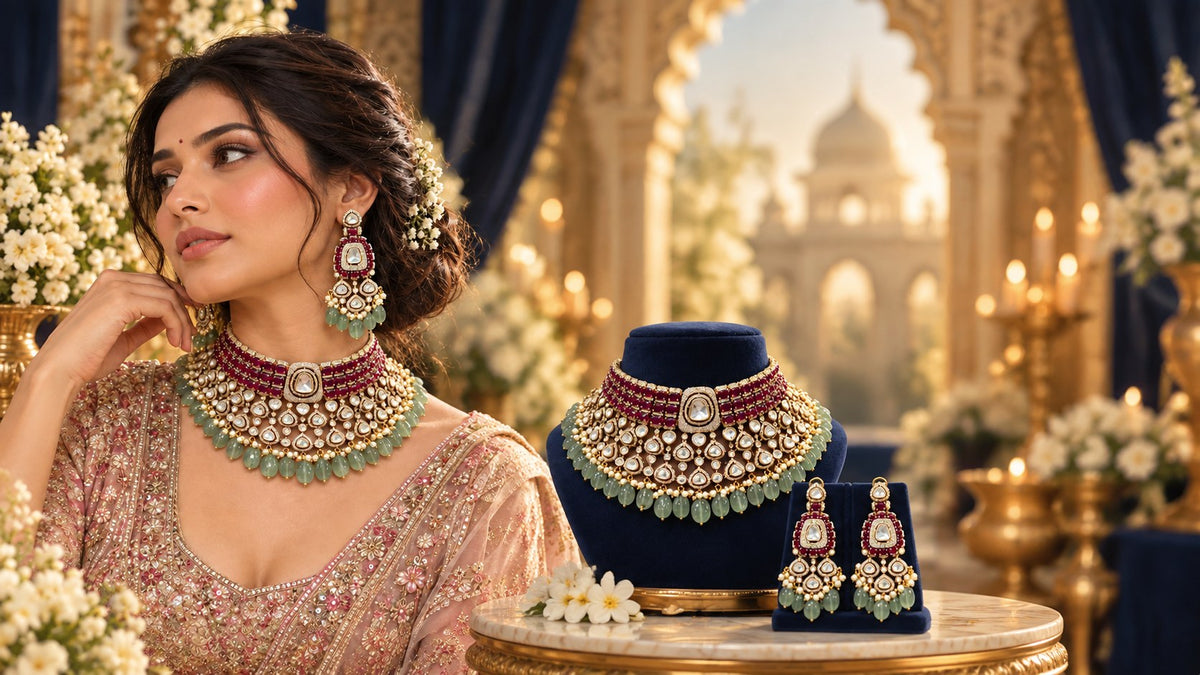 Model in pink lehenga with mint Kundan choker set, ruby Kundan bridal choker on navy velvet bust