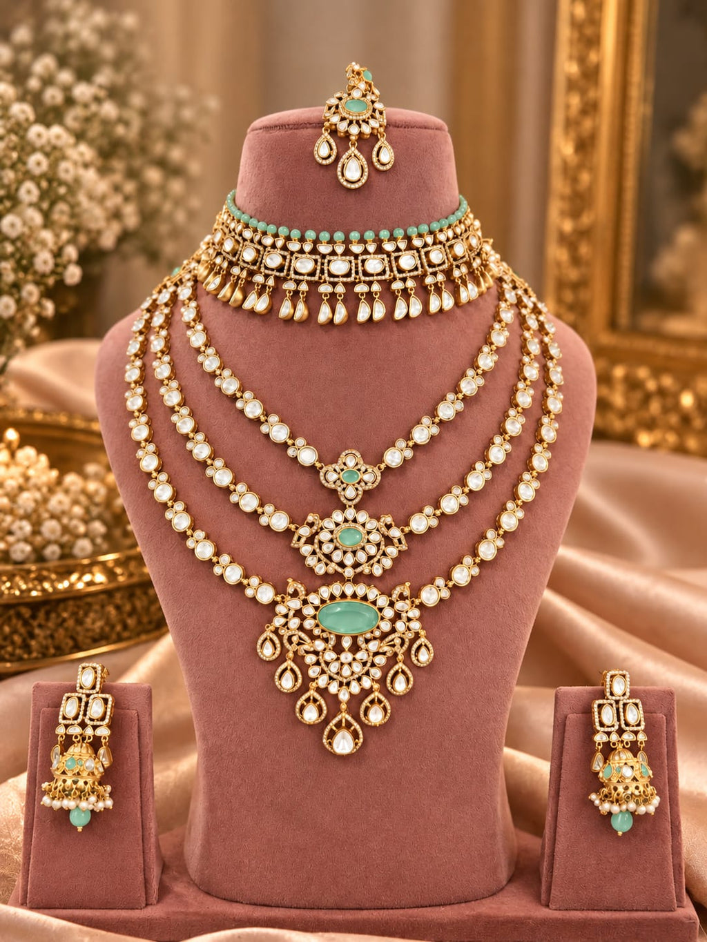 Mint green kundan bridal set with choker, 3-line long haar, earrings and maang tikka on a mannequin