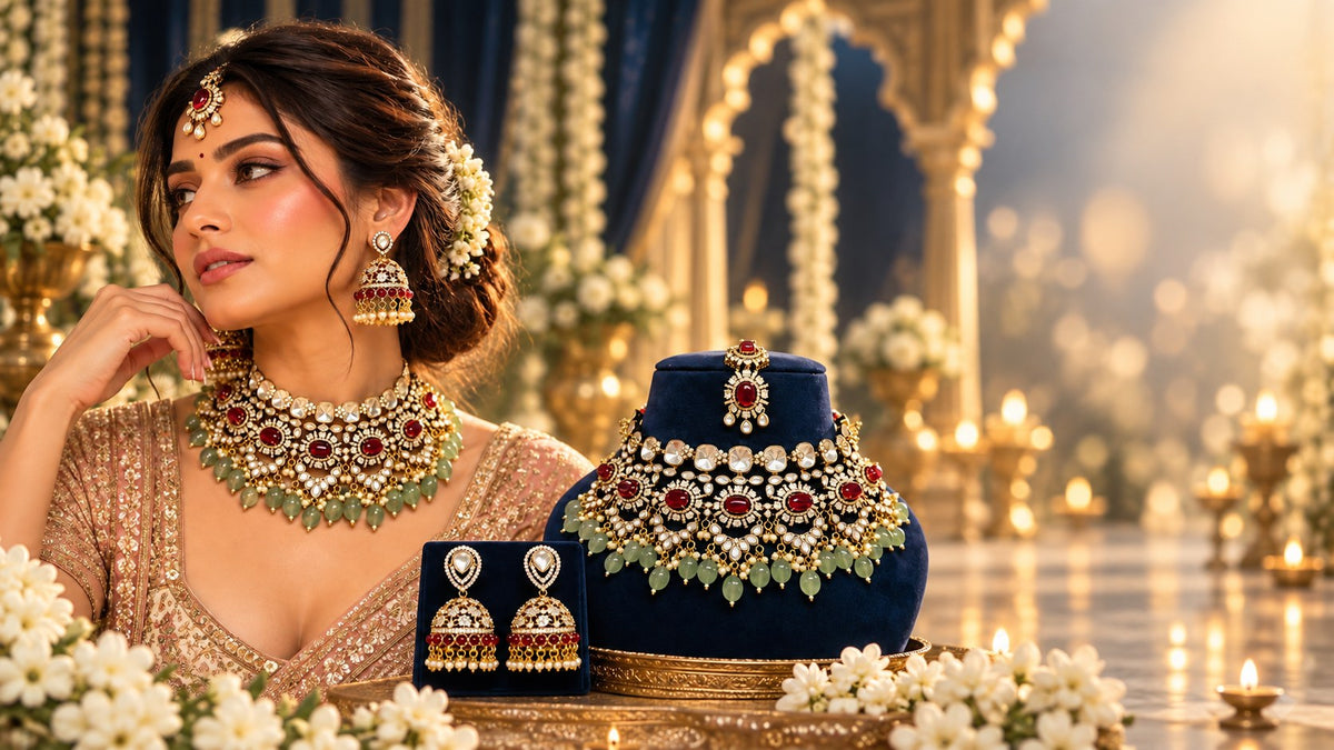 Model in blush lehenga wearing mint Kundan choker and jhumkas, ruby Kundan bridal set on navy velvet display