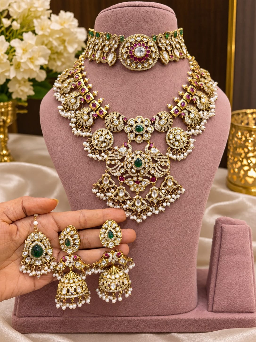 Rajasthani Emerald-Ruby Bridal Set - full set on mannequin