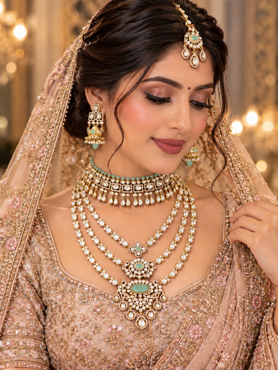 Bride wearing a mint green kundan bridal set with choker, 3-line long haar, earrings and maang tikka