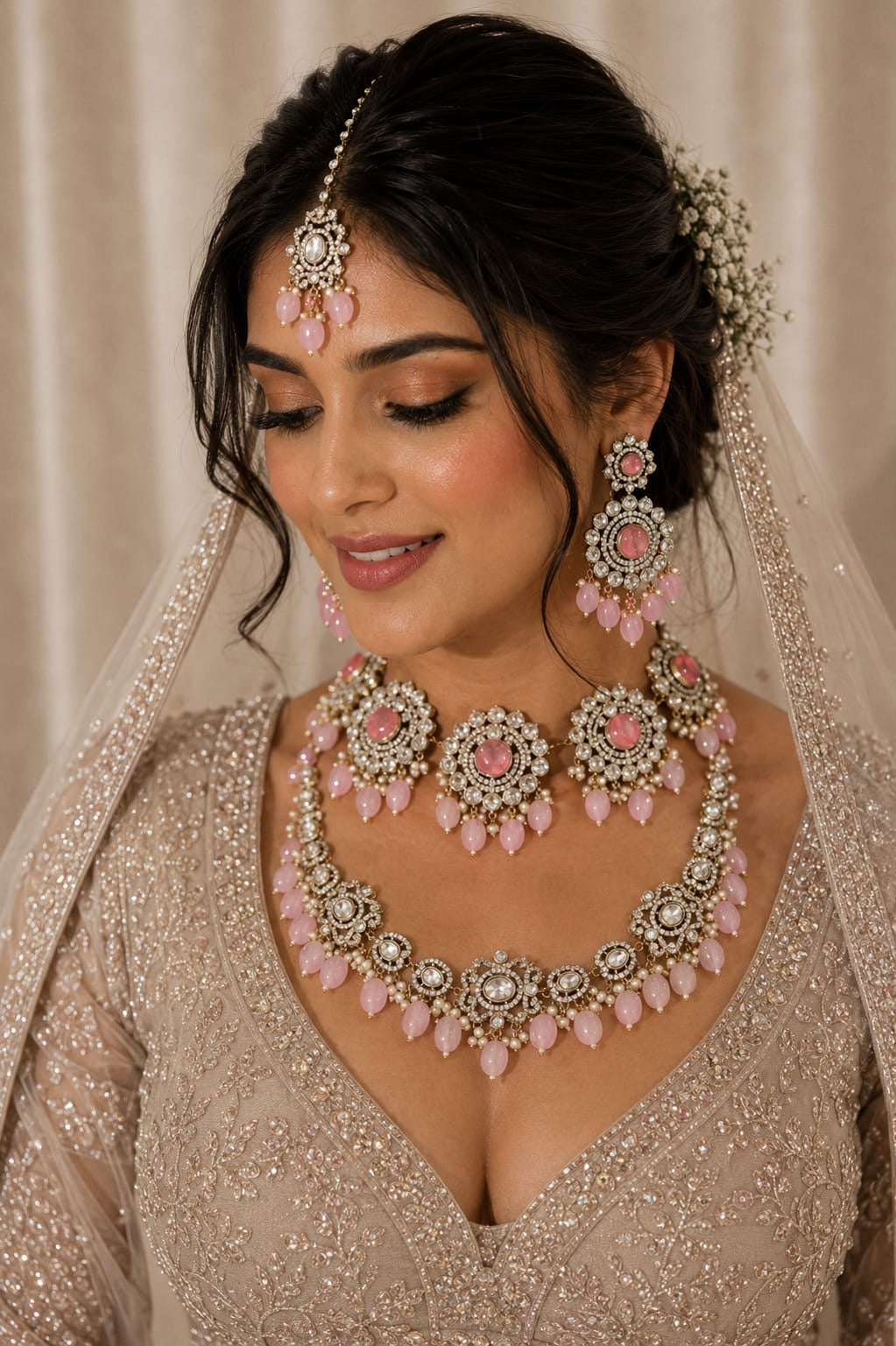 Baby pink polki bridal jewellery set close-up showing oval cabochon stones, pearl drops and antique gold-tone setting - handcrafted pastel Kundan choker for Indian brides