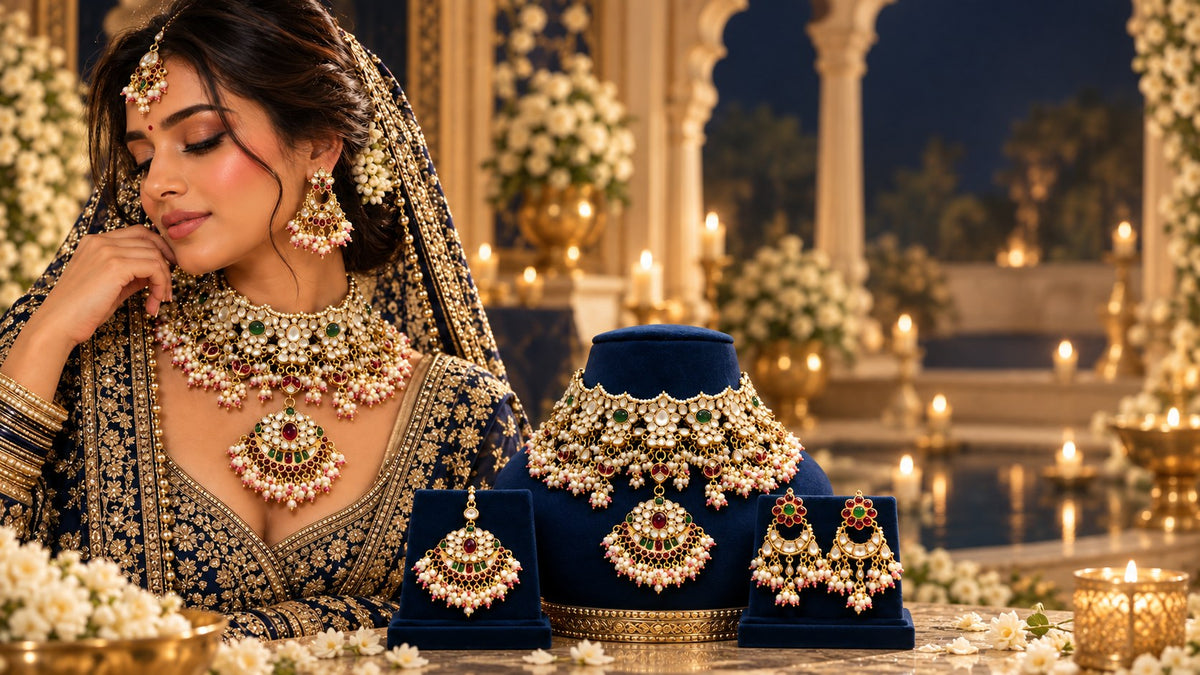 Bride in navy lehenga with Kundan choker and pendant, Kundan bridal set on navy velvet busts