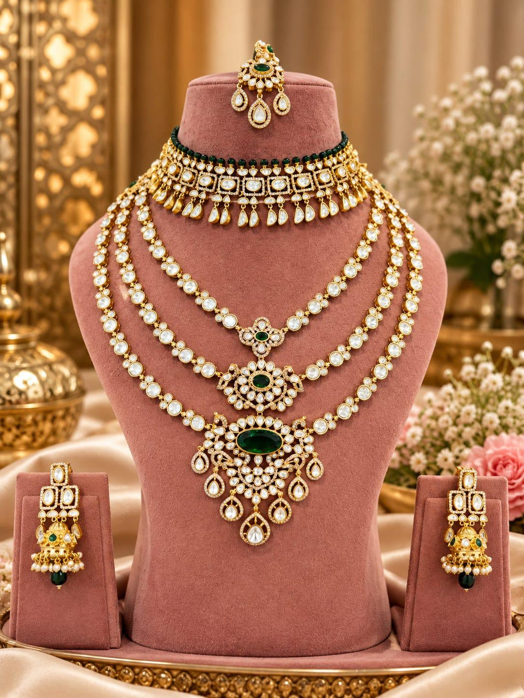 Emerald green kundan bridal set with choker, 3-line long haar, earrings and maang tikka on a mannequin