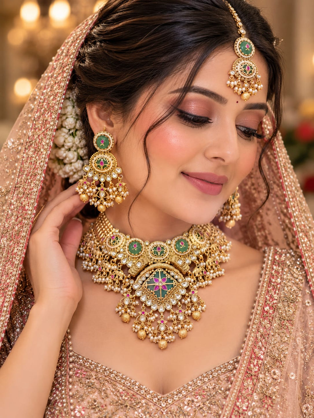 Shringar Medallion Green Bridal Choker Set
