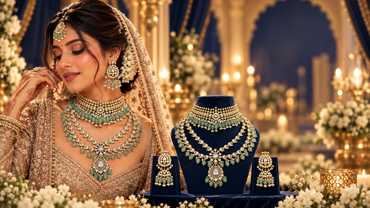 Bride in gold lehenga wearing layered mint Kundan haar set with maang tikka, matching set on navy velvet