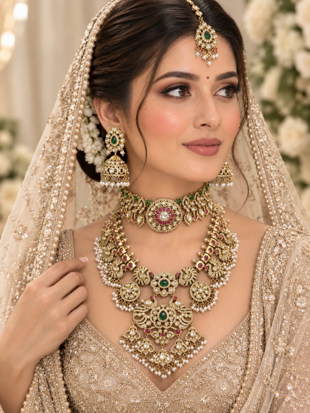 Rajasthani Emerald-Ruby Bridal Set - model wearing full set