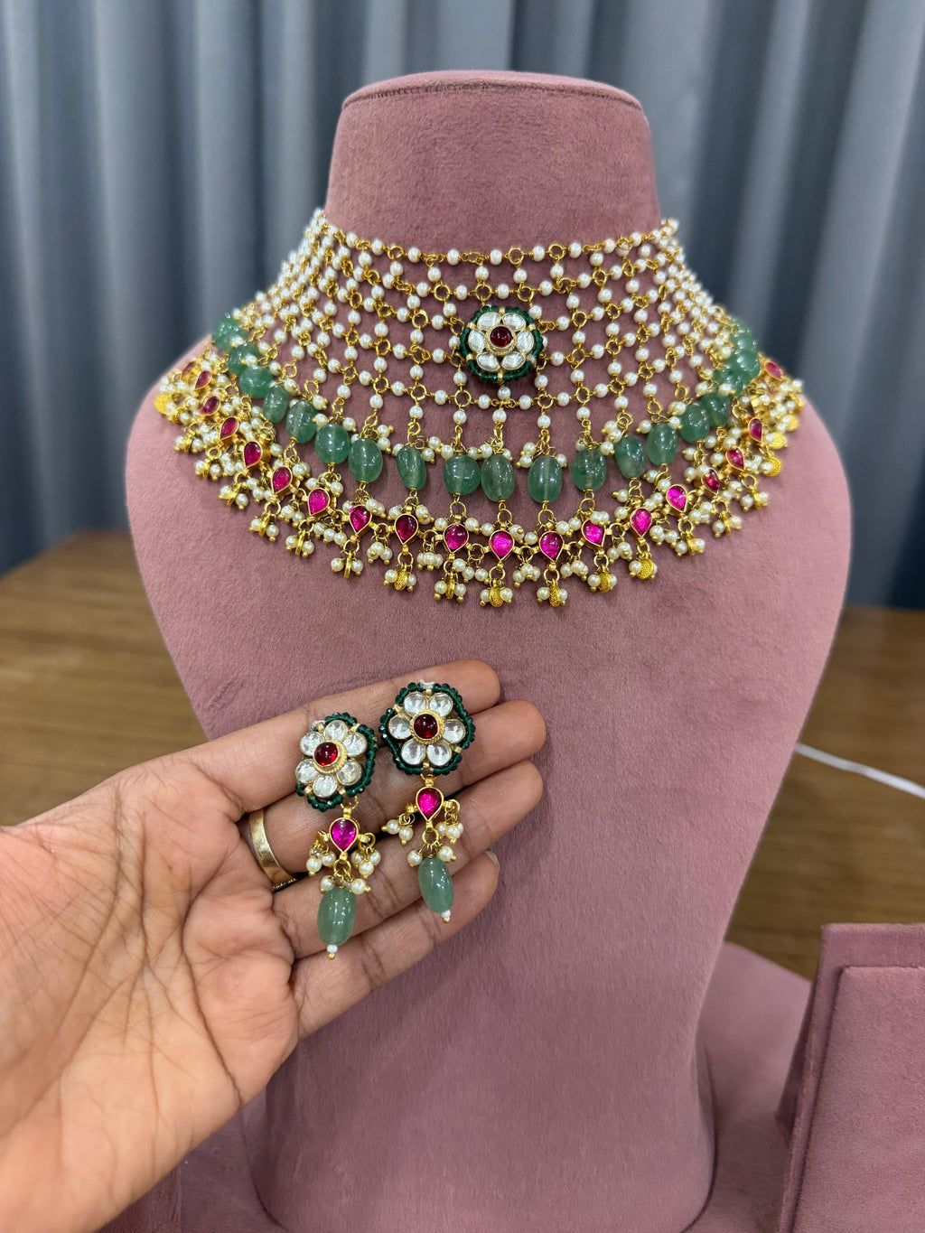Enchanting Emerald-Pearl Kundan Polki Choker Set