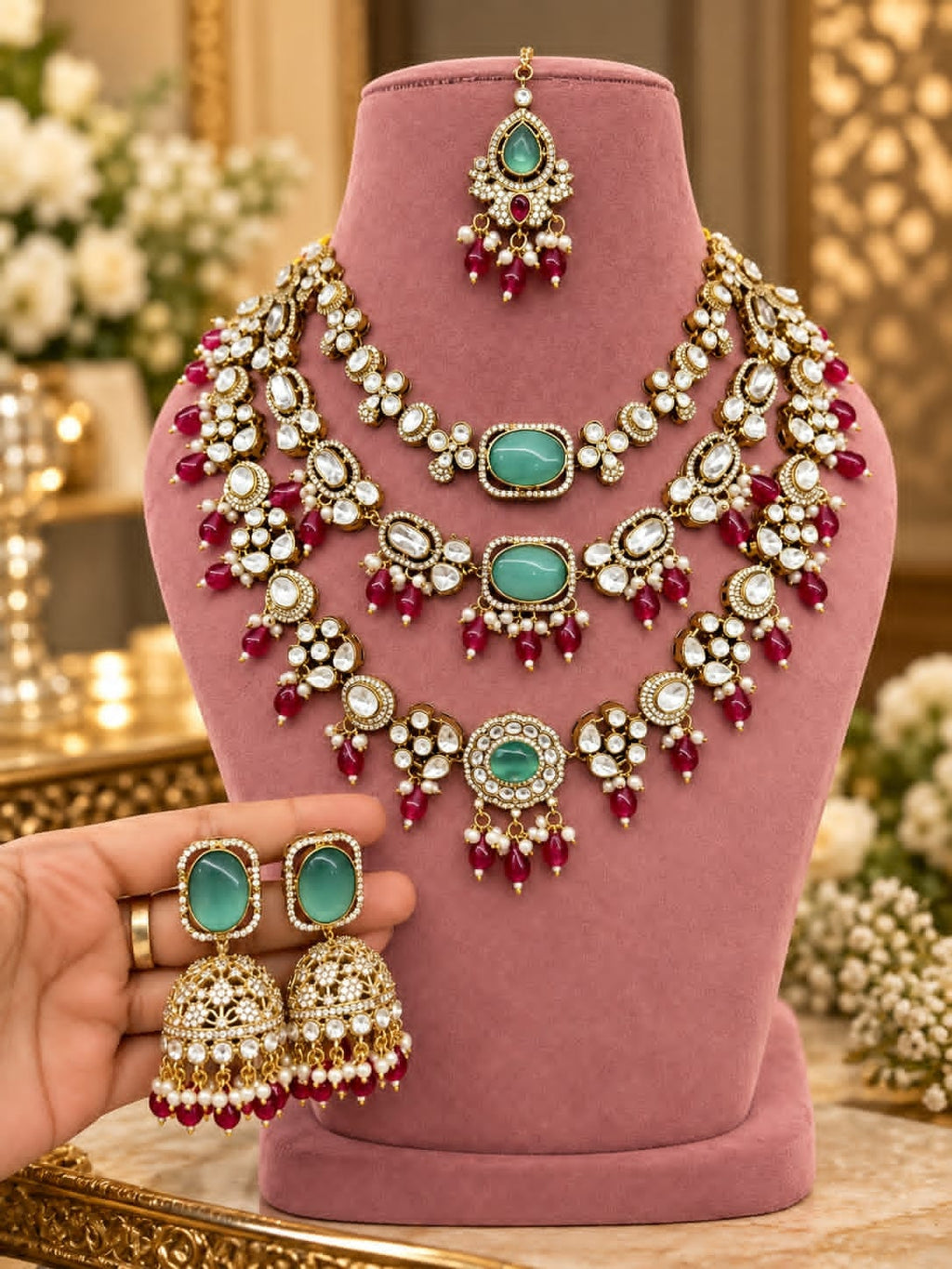 Jashn Mint Ruby Red Layered Bridal Haar Set