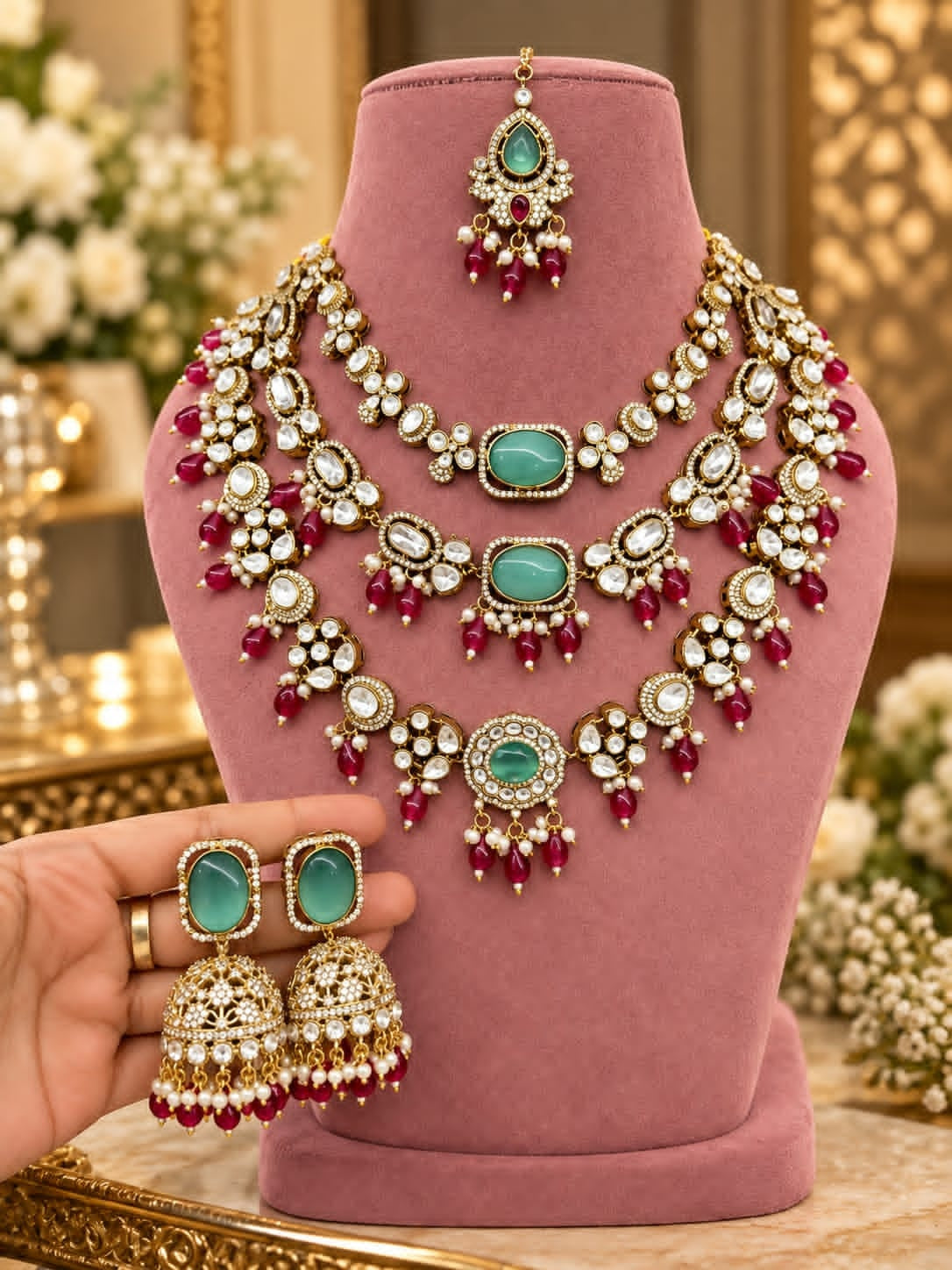 Jashn Mint Ruby Red Layered Bridal Haar Set