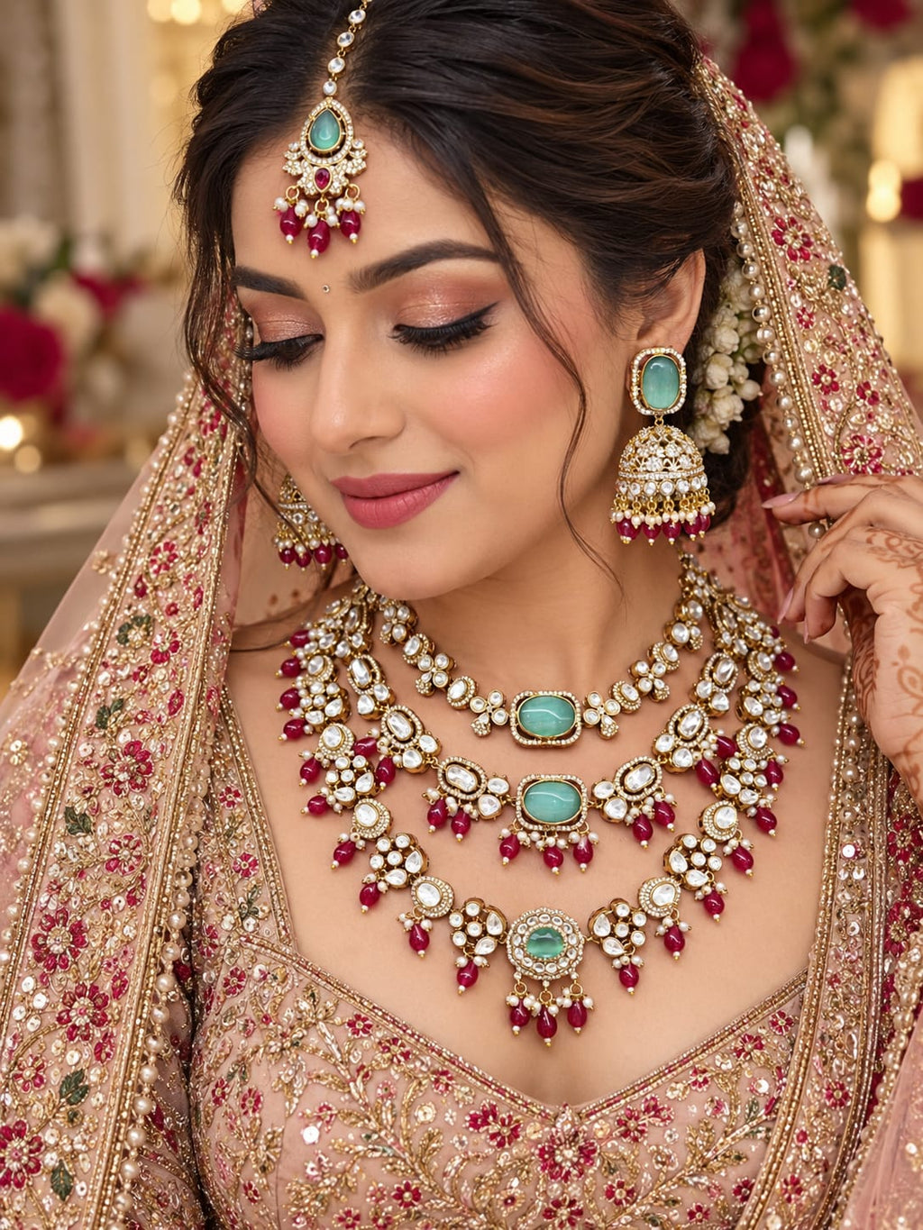 Jashn Mint Ruby Red Layered Bridal Haar Set