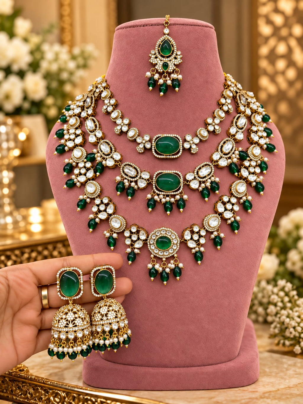 Sultana Dark Green Layered Bridal Haar Set
