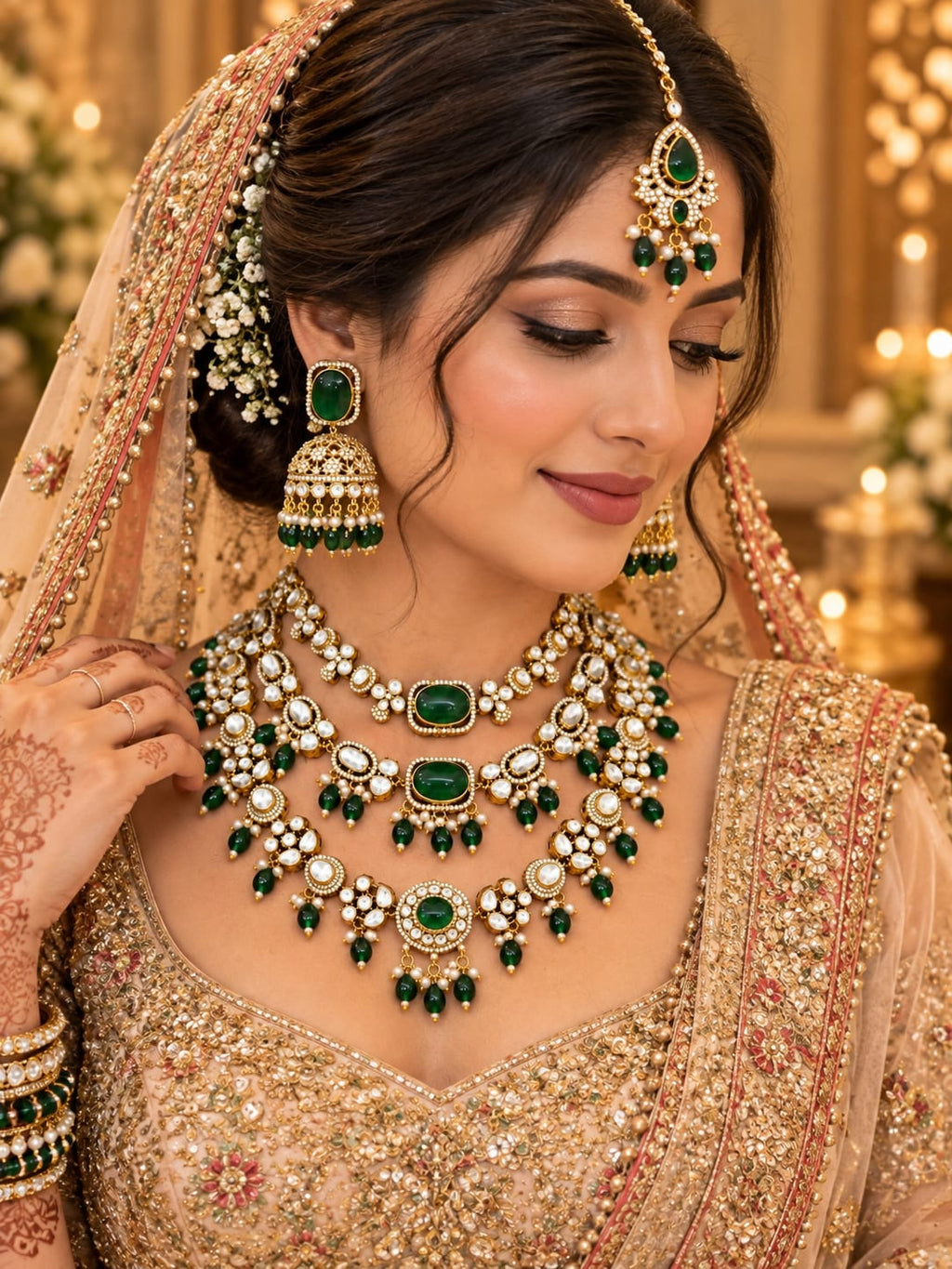 Sultana Dark Green Layered Bridal Haar Set