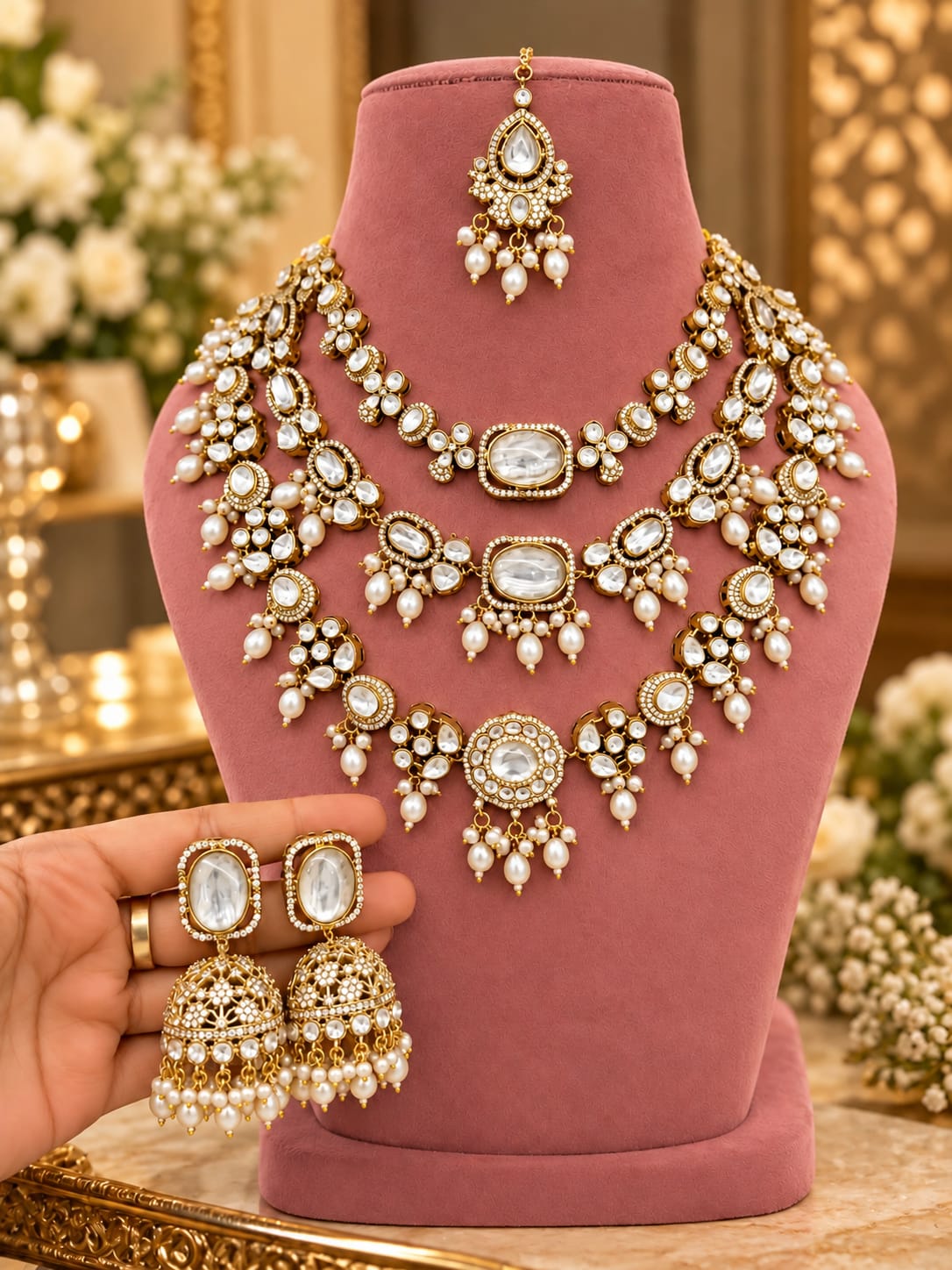 Noor Pearl White Layered Bridal Haar Set