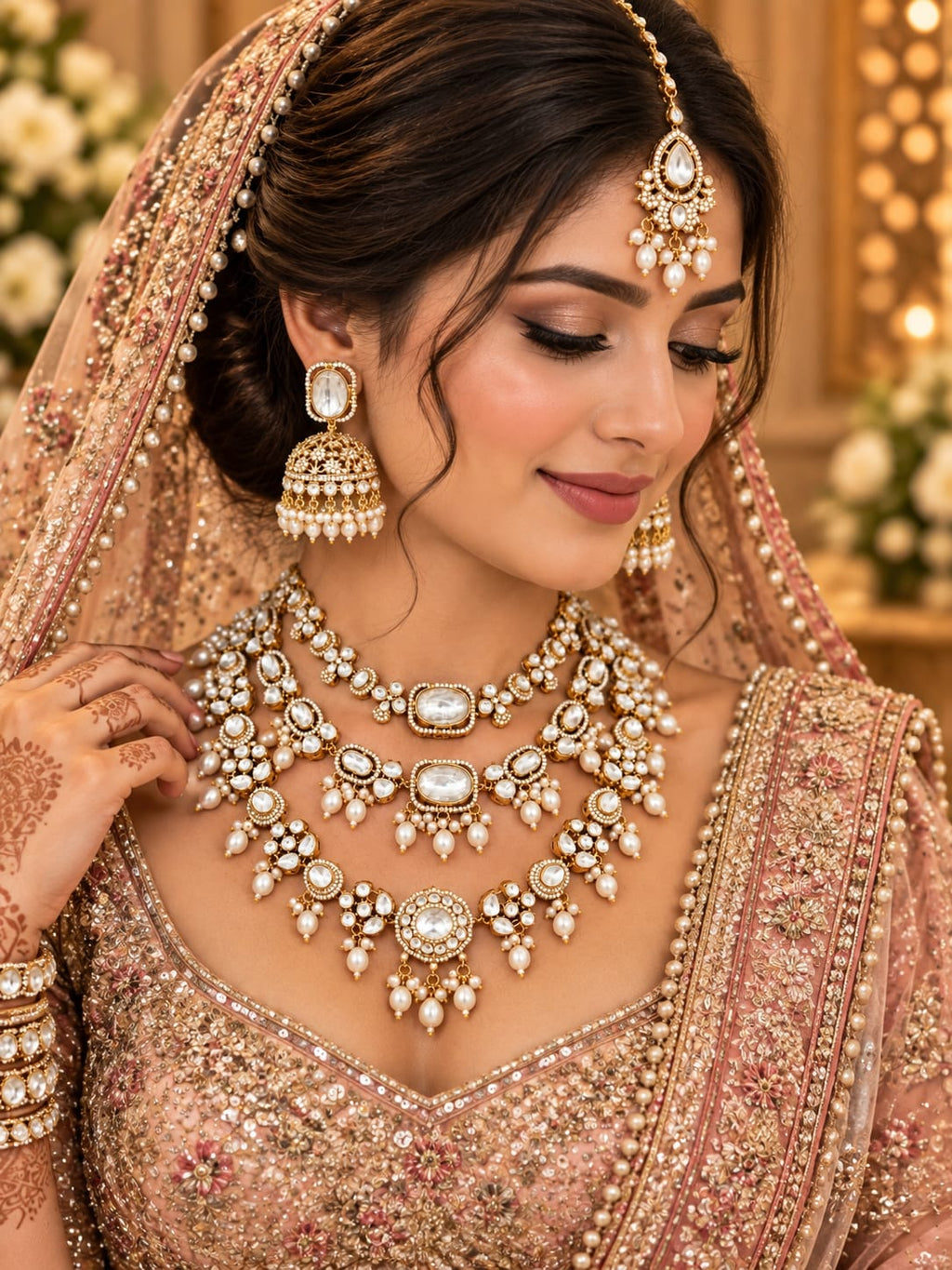 Noor Pearl White Layered Bridal Haar Set