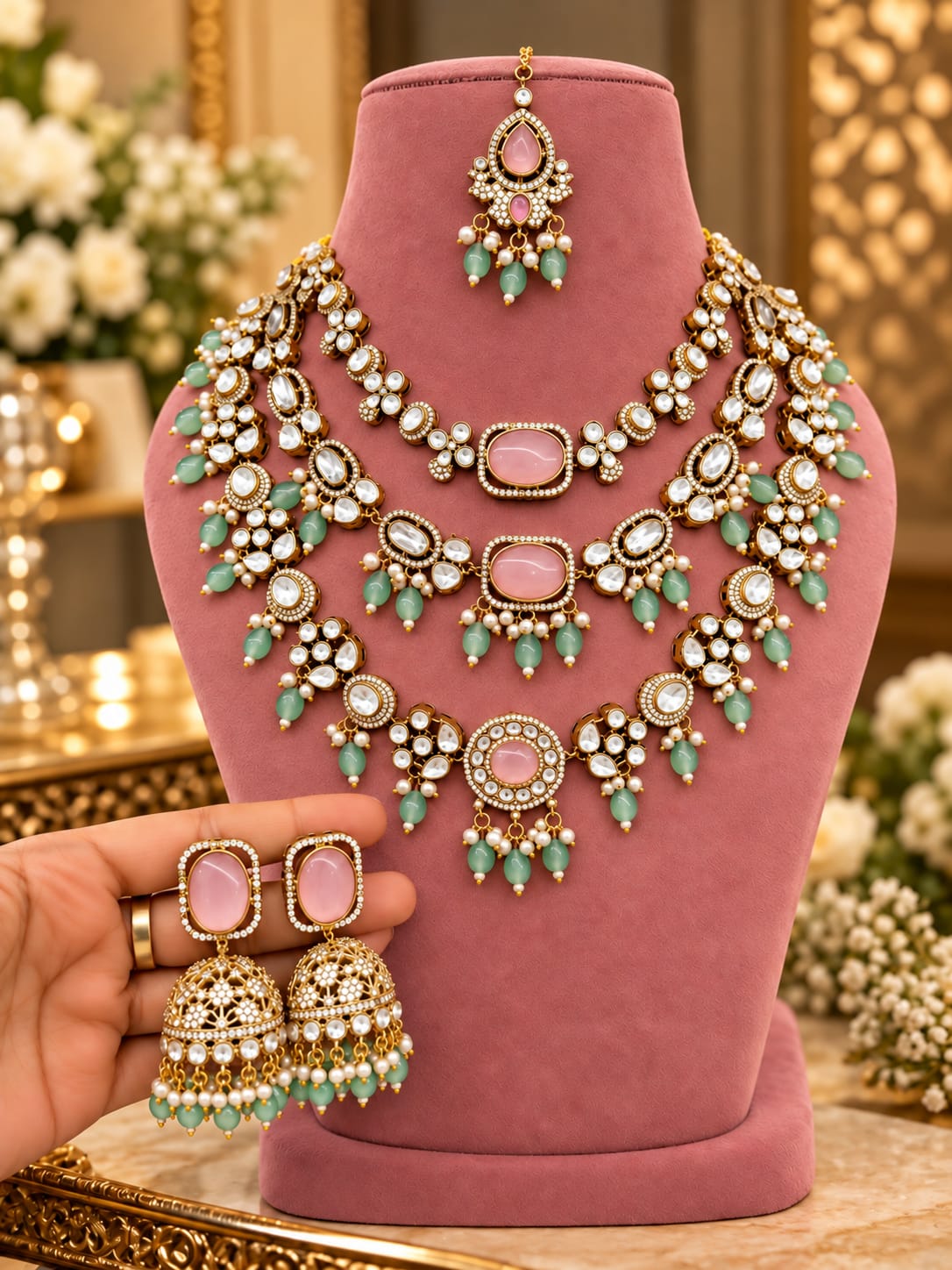 Gulabi Pink Mint Layered Bridal Haar Set
