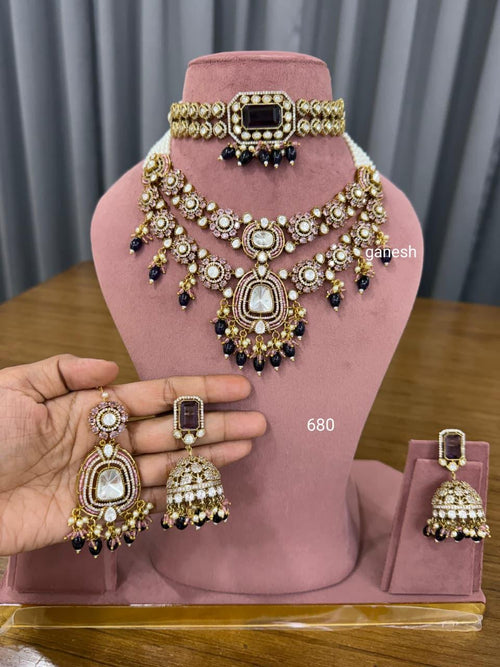 Black stone bridal kundan polki jewellery set with choker long necklace and earrings
