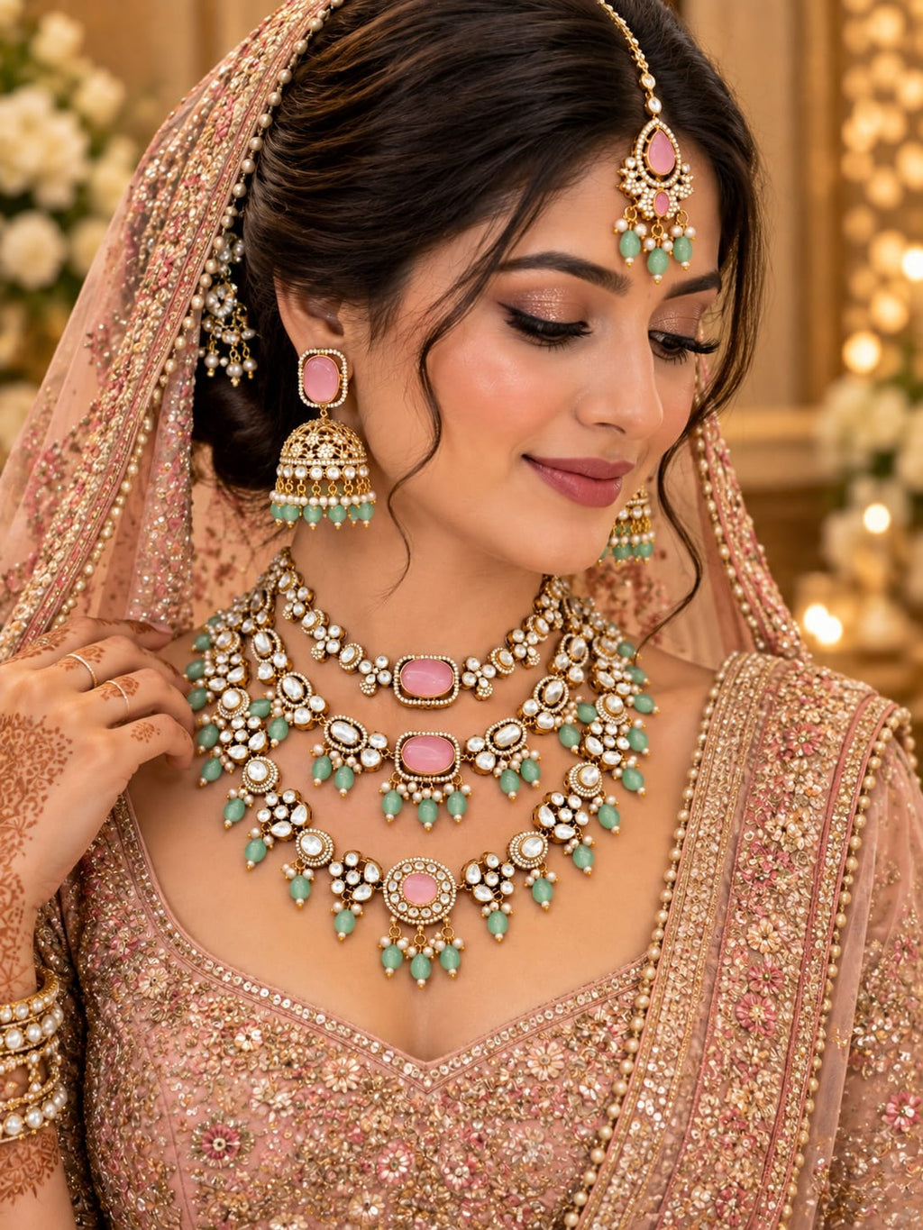 Gulabi Pink Mint Layered Bridal Haar Set