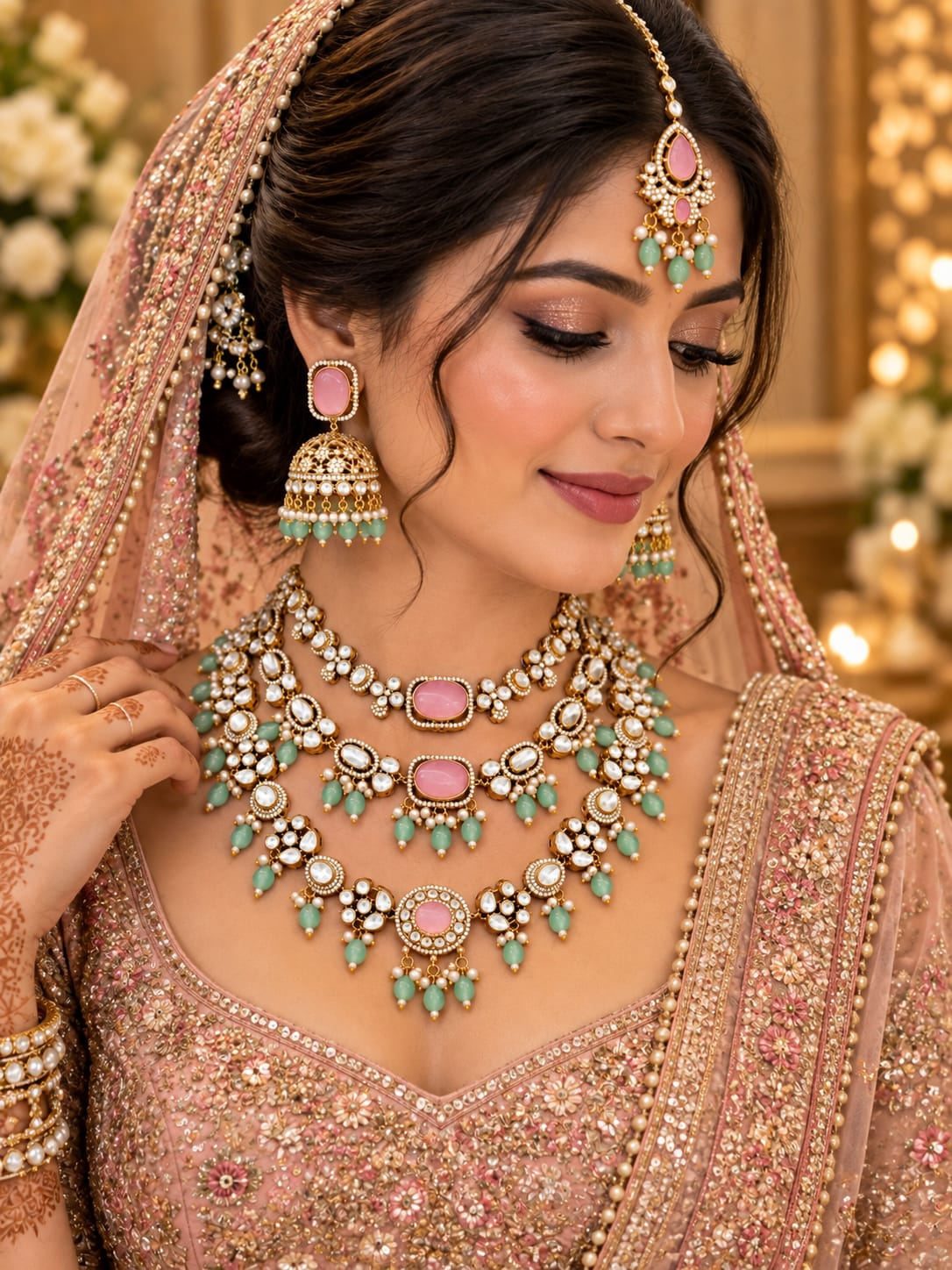 Gulabi Pink Mint Layered Bridal Haar Set