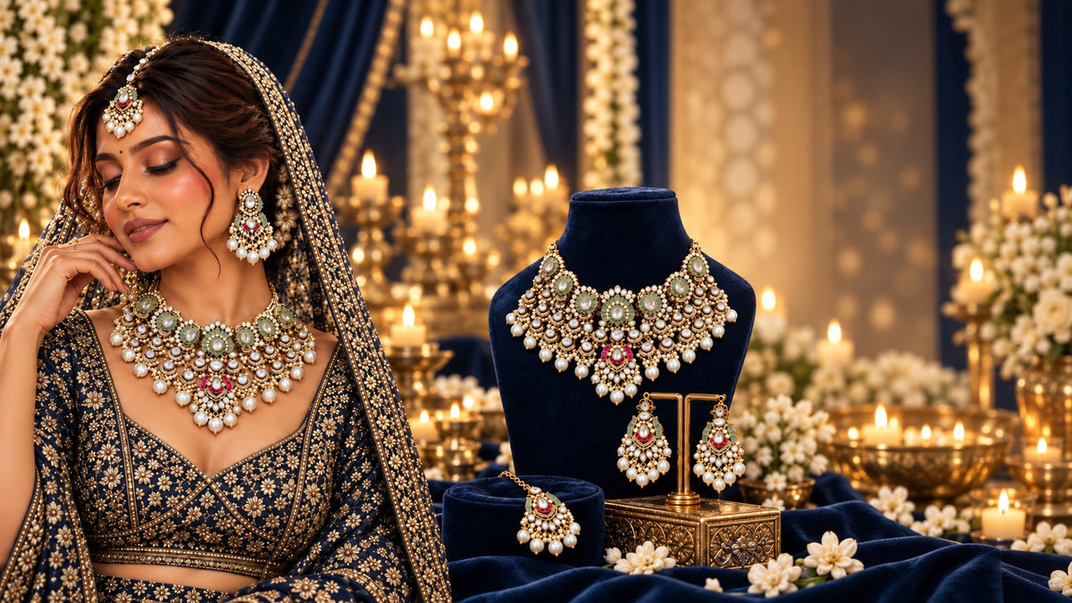 Bride in navy lehenga wearing Kundan choker set with maang tikka, matching bridal set on navy velvet