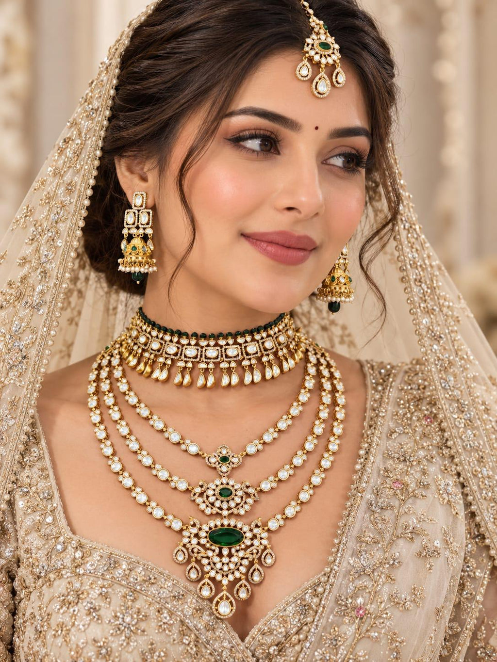 Bride wearing an emerald green kundan bridal set with choker, 3-line long haar, earrings and maang tikka