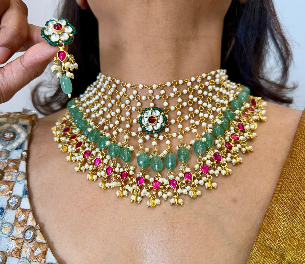 Enchanting Emerald-Pearl Kundan Polki Choker Set
