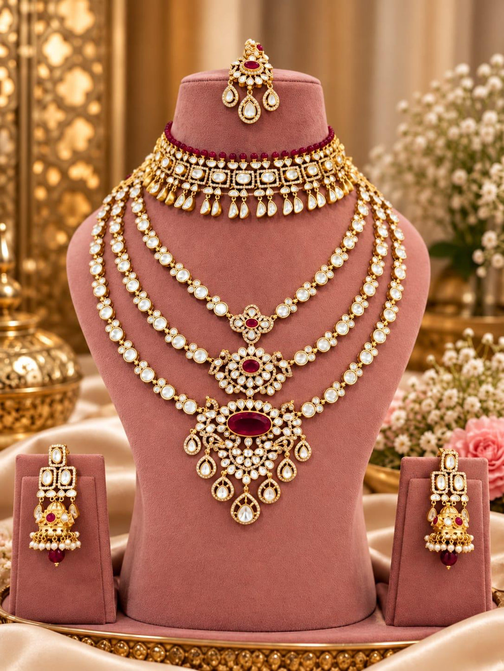 Ruby red kundan bridal set with choker, 3-line long haar, earrings and maang tikka displayed on a pink velvet bust