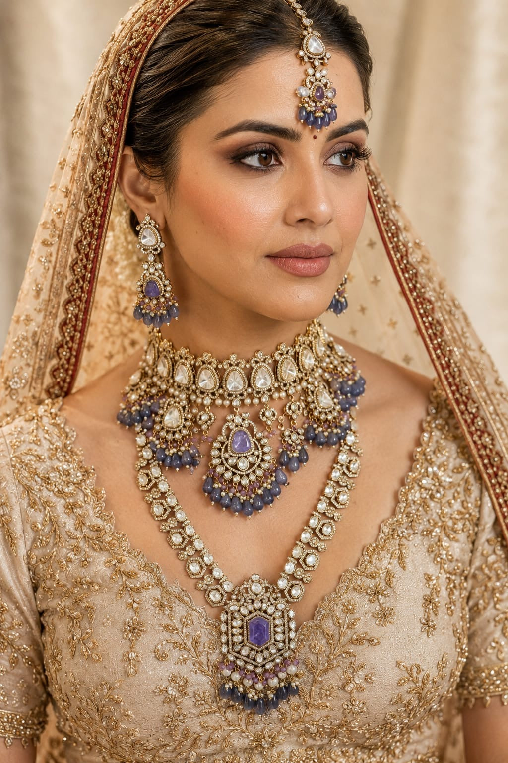 Indian bride wearing layered purple polki choker and long haar set with amethyst pendant, lavender beads and pearl drops - handcrafted Mumbai bridal jewellery styled for a reception look