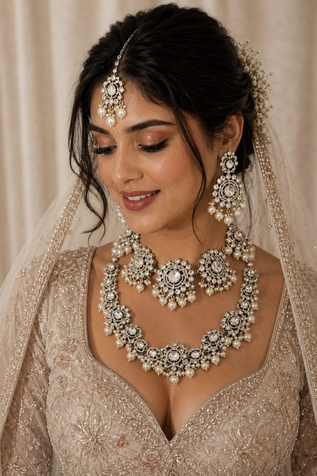 White polki bridal jewellery set close-up with pearl drops and antique gold-tone setting - handcrafted Kundan choker for Indian brides