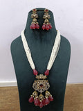 Maroon bridal kundan polki long necklace set with pearl beads and earrings