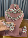 Baby pink Kundan Polki bridal choker set with matching earrings and maang tikka - pastel pink Indian bridal jewellery for engagement, sangeet and mehendi ceremonies