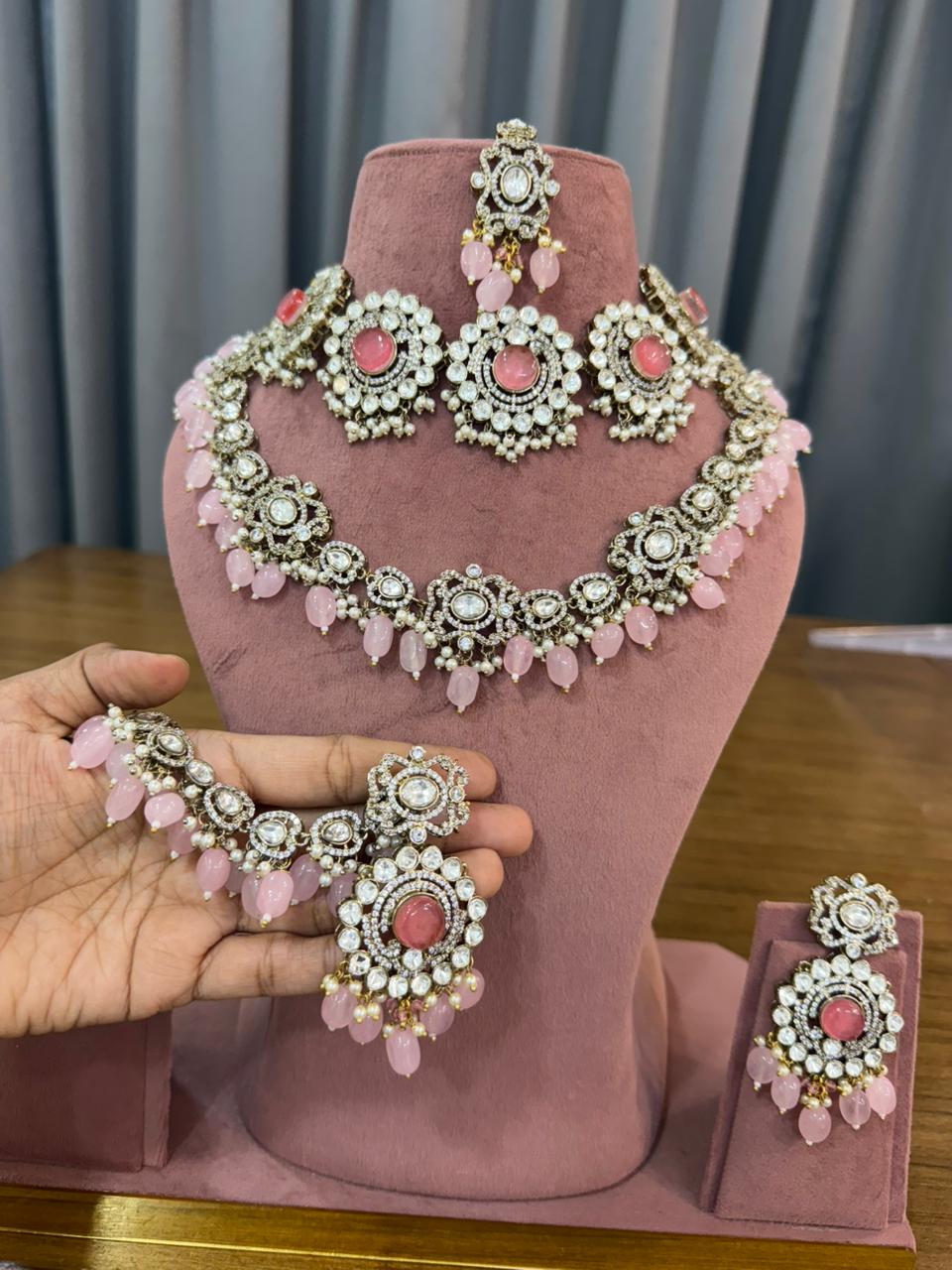 Baby pink Kundan Polki bridal choker set with matching earrings and maang tikka - pastel pink Indian bridal jewellery for engagement, sangeet and mehendi ceremonies