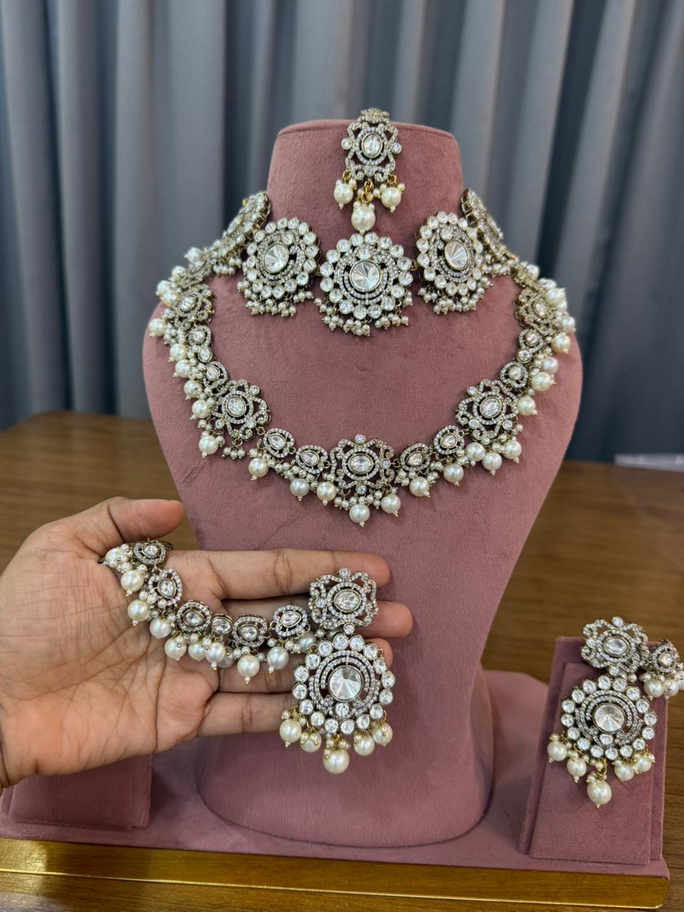 White Kundan Polki bridal choker set with matching earrings and maang tikka - ivory pearl Indian bridal jewellery for engagement, sangeet and wedding ceremony