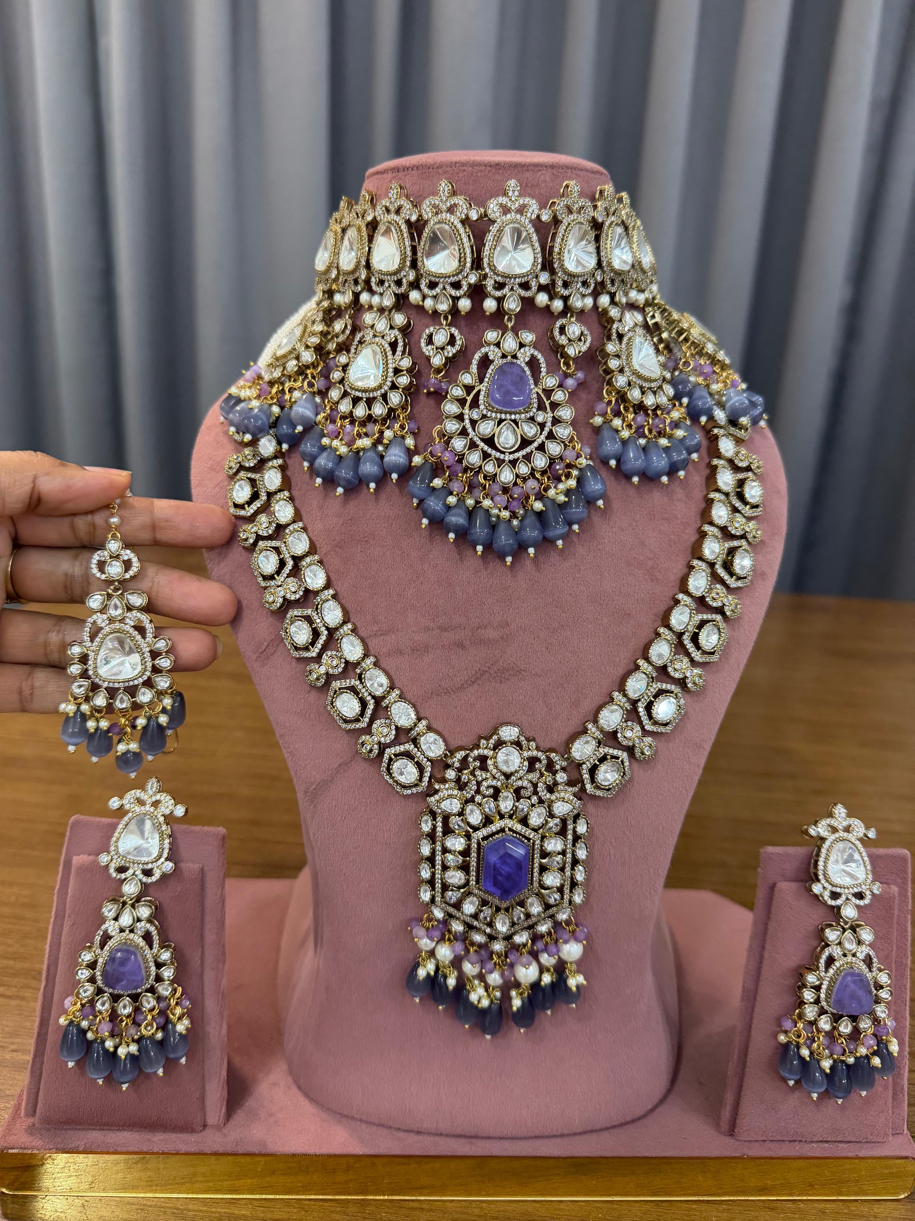 Purple Kundan Polki bridal choker and long haar set with amethyst stones, grey-blue drops, matching chandbali earrings and maang tikka - handcrafted Indian bridal jewellery for reception, sangeet and engagement