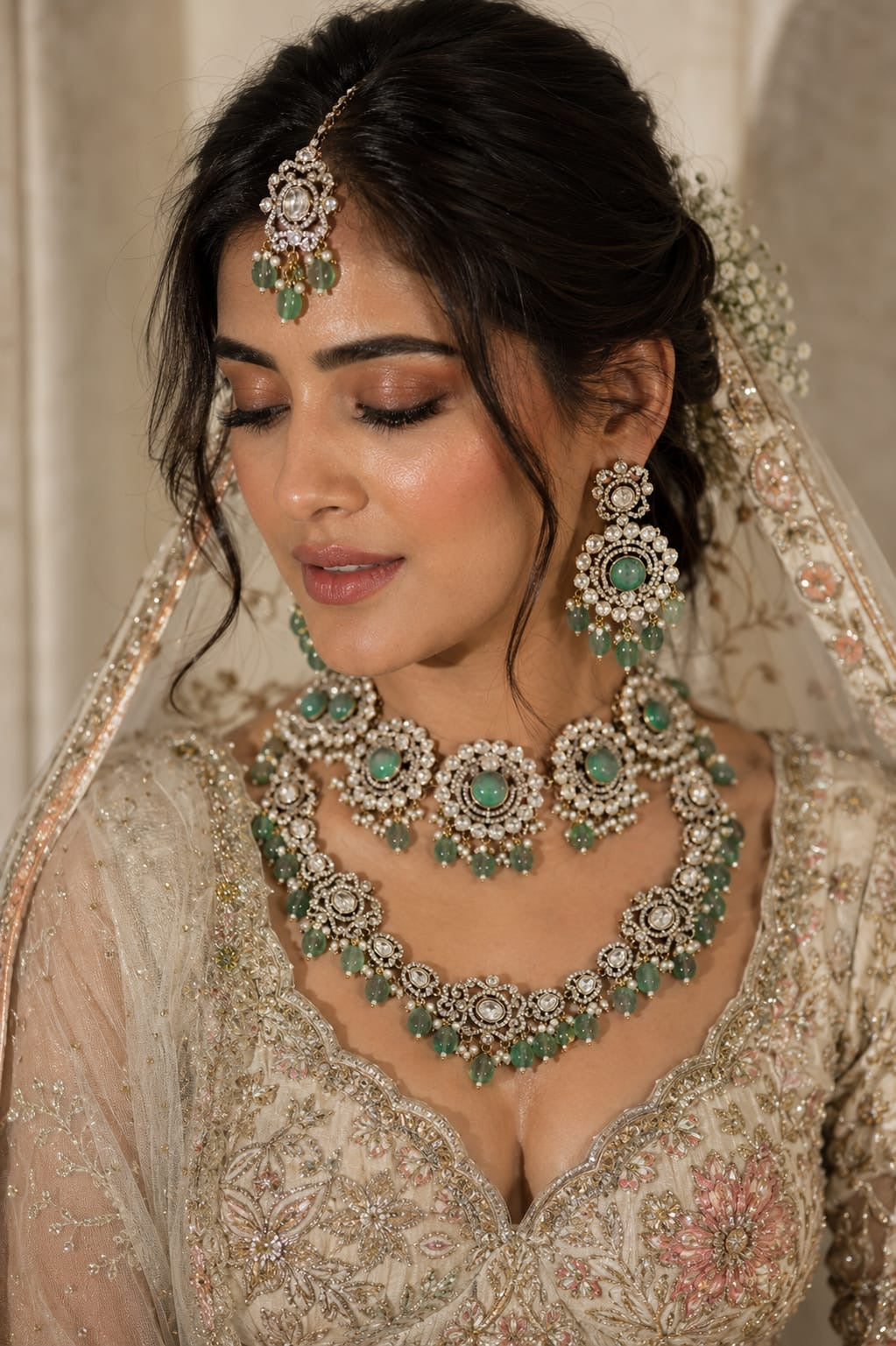 Pastel mint green polki bridal choker close-up with oval cabochon stones, pearl drops and antique gold-tone victorian floral setting - handcrafted Indian wedding jewellery