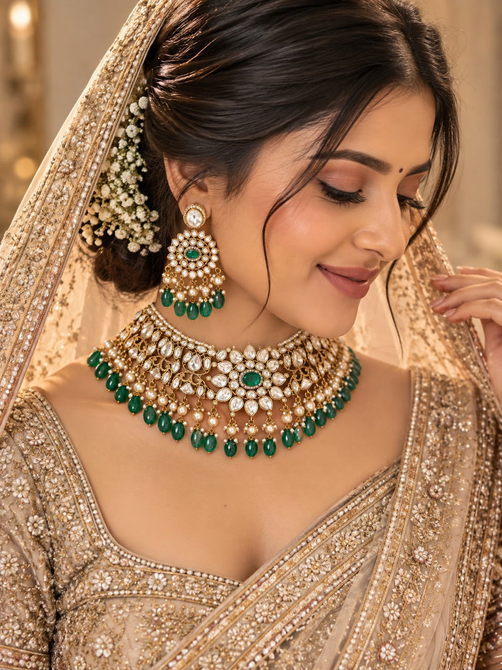 Tara Emerald Polki Choker Set - worn by model