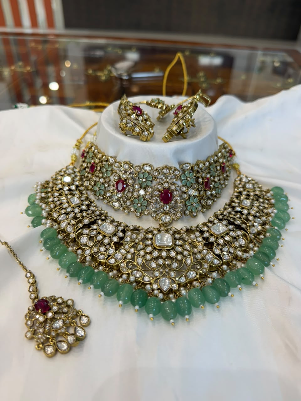 Gulmohar Ruby-Mint Bridal Set - full set on mannequin
