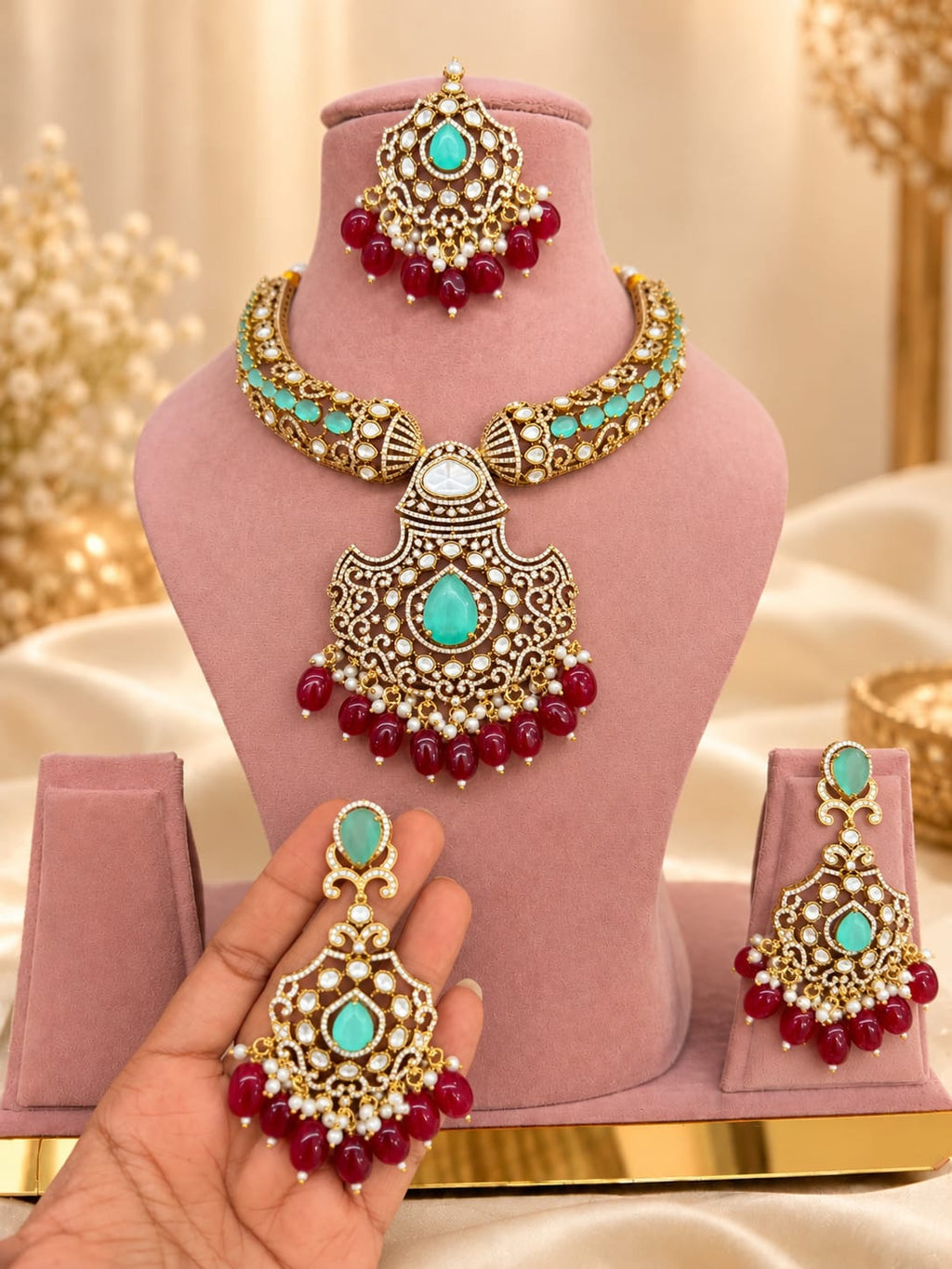 Shagun Mint-Ruby Pendant Set - full set on mannequin