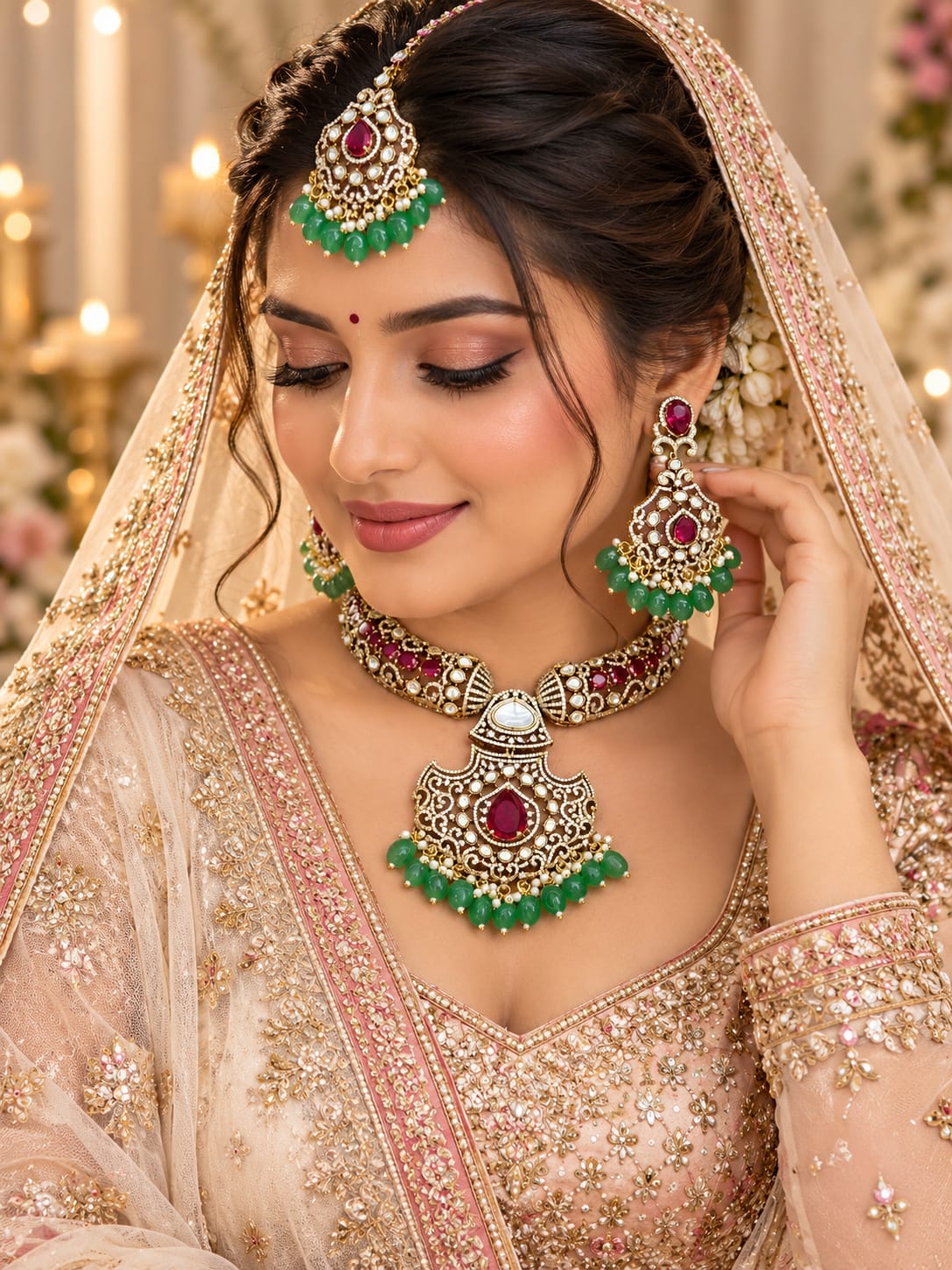 Chandni Ruby-Green Pendant Set - worn by model