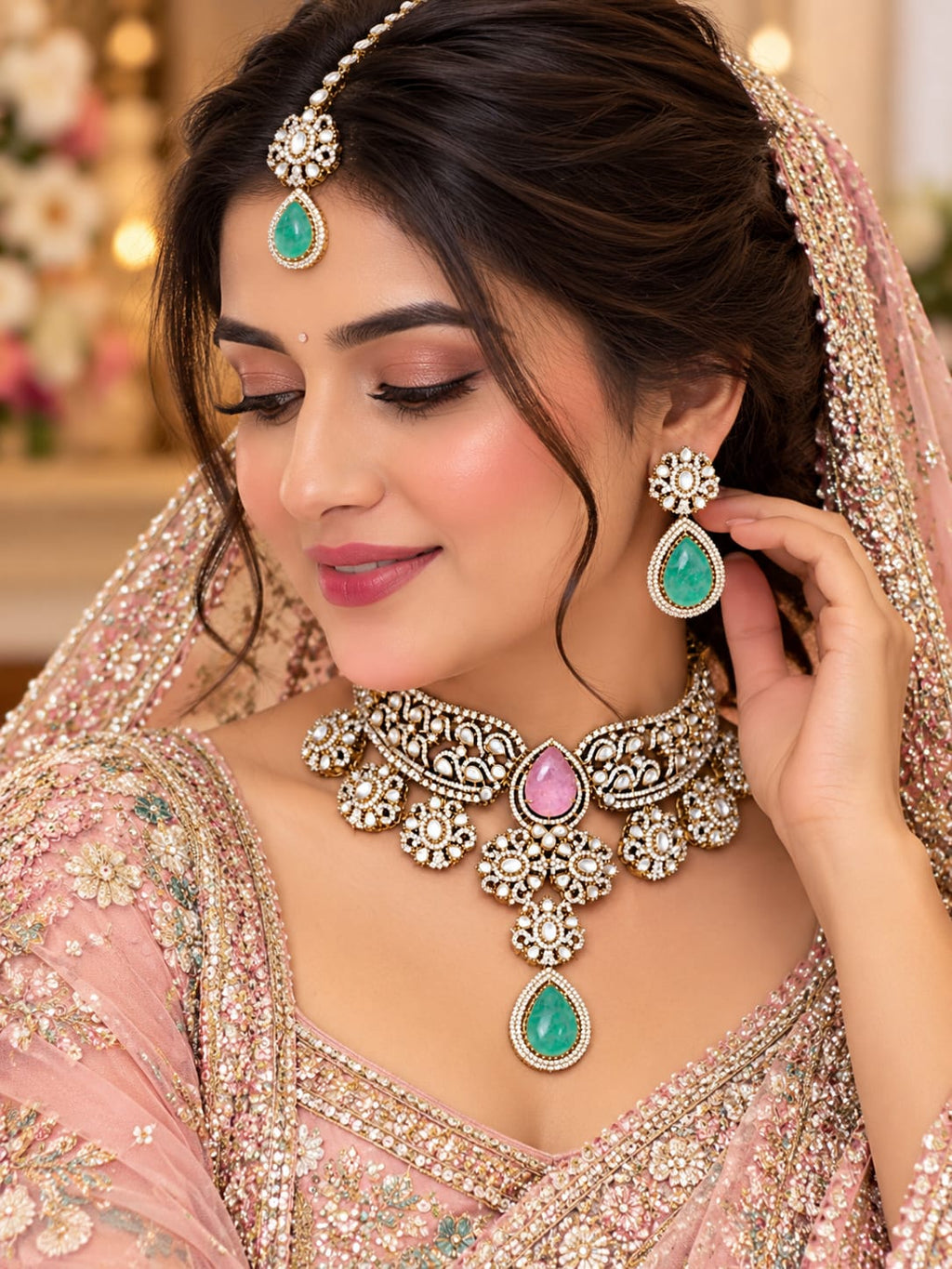Padmini Pink-Mint Choker Set - worn by model