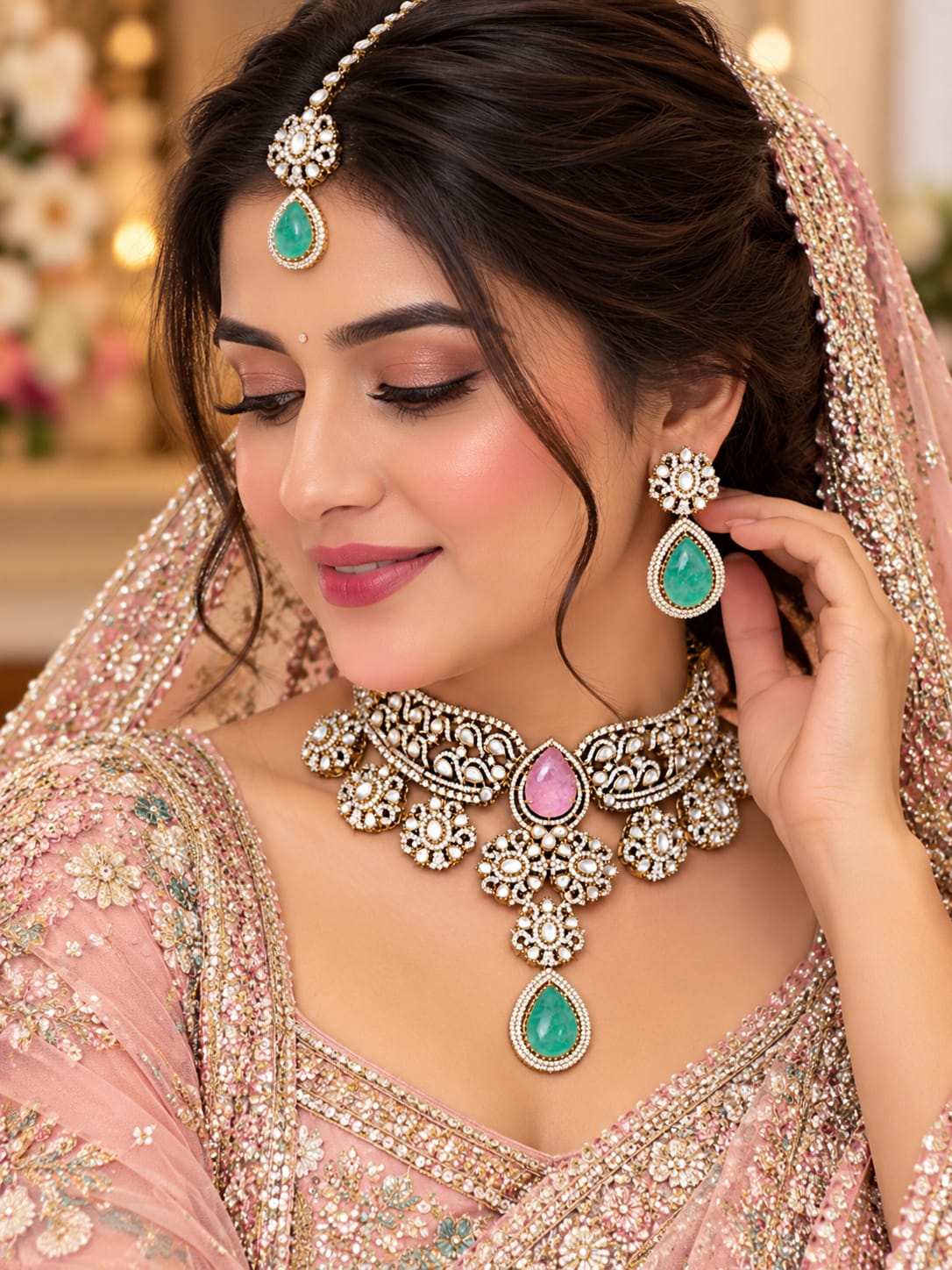 Padmini Pink-Mint Choker Set - worn by model