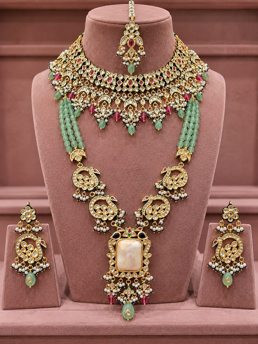Peacock Motif Mint-Ruby Rani Haar Set - full set on mannequin