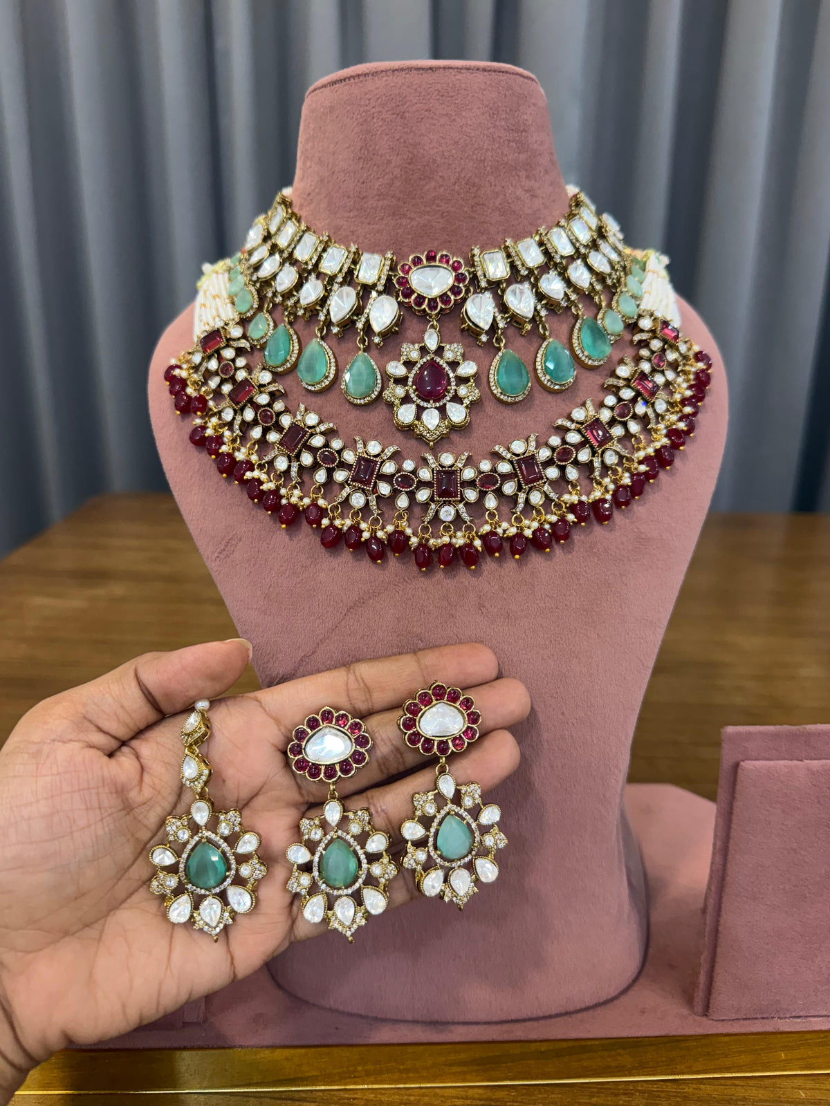 Gulbahar Mint-Ruby Bridal Set - full set on mannequin