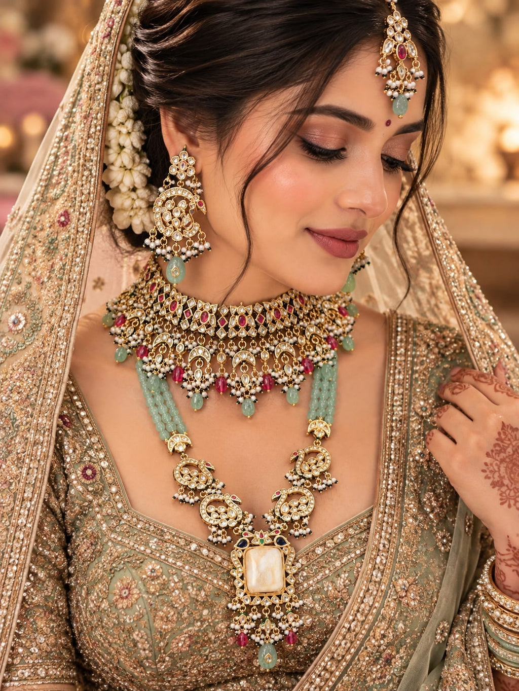 Peacock Motif Mint-Ruby Rani Haar Set - worn by model