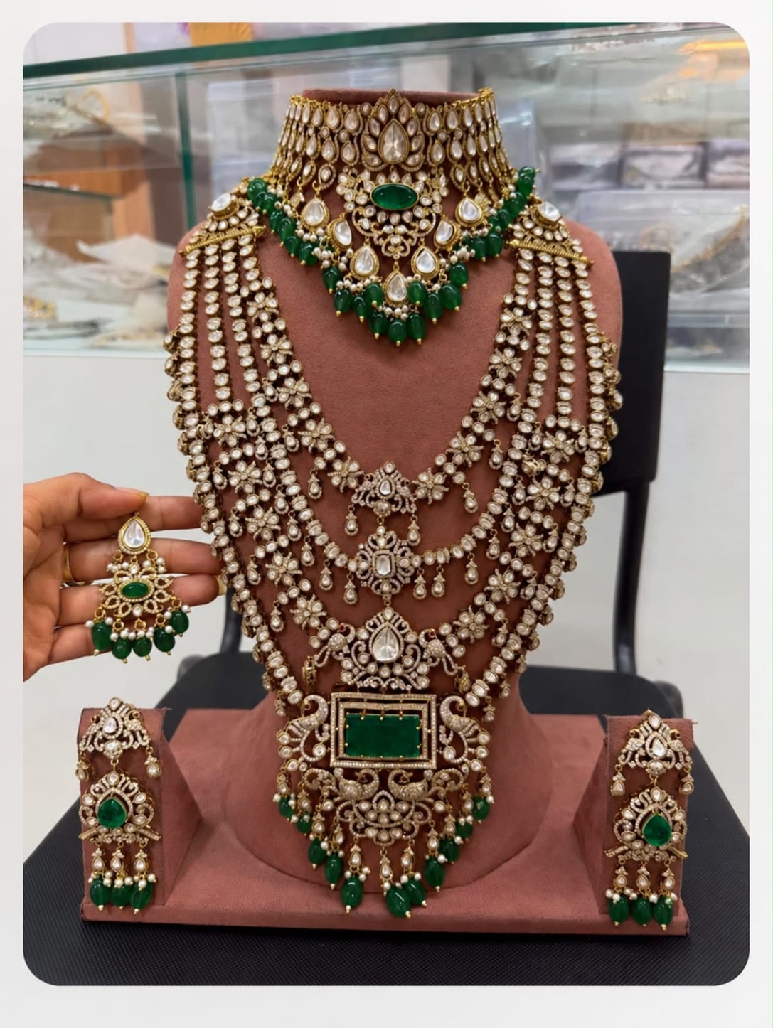 Samriddhi Emerald Layered Bridal Set - full set on mannequin